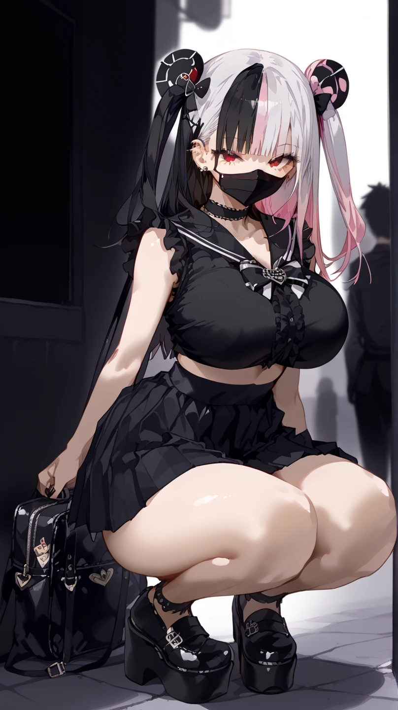 safe_Location, score_9, Alone, Solo Female , Our_(Our_akqj10  ),  satou daji style , Black and white hair, Parting Hair,  multicolored hair,  red eyes,  long hair,  Two Side Up ,   Twin Tail Toile  ,  One Girl , huge breasts,  Wide Hips ,  thighs,   Towa's Jirai Kay Outfit  ,  mouse mask, Black nails,  Platform Footwear ,  squats , Cleavage, bag,  hair ornament,   Pink High Waist Skirt  ,  pleated skirt at the top of the screen,   Black Ruffle Shirt  , frilled sleeves, Sleeveless,  black shirt, black sailor collar,   Black and White Outline Neck Bow, half closed eyesカウボーイ射撃,  Watching Viewers 