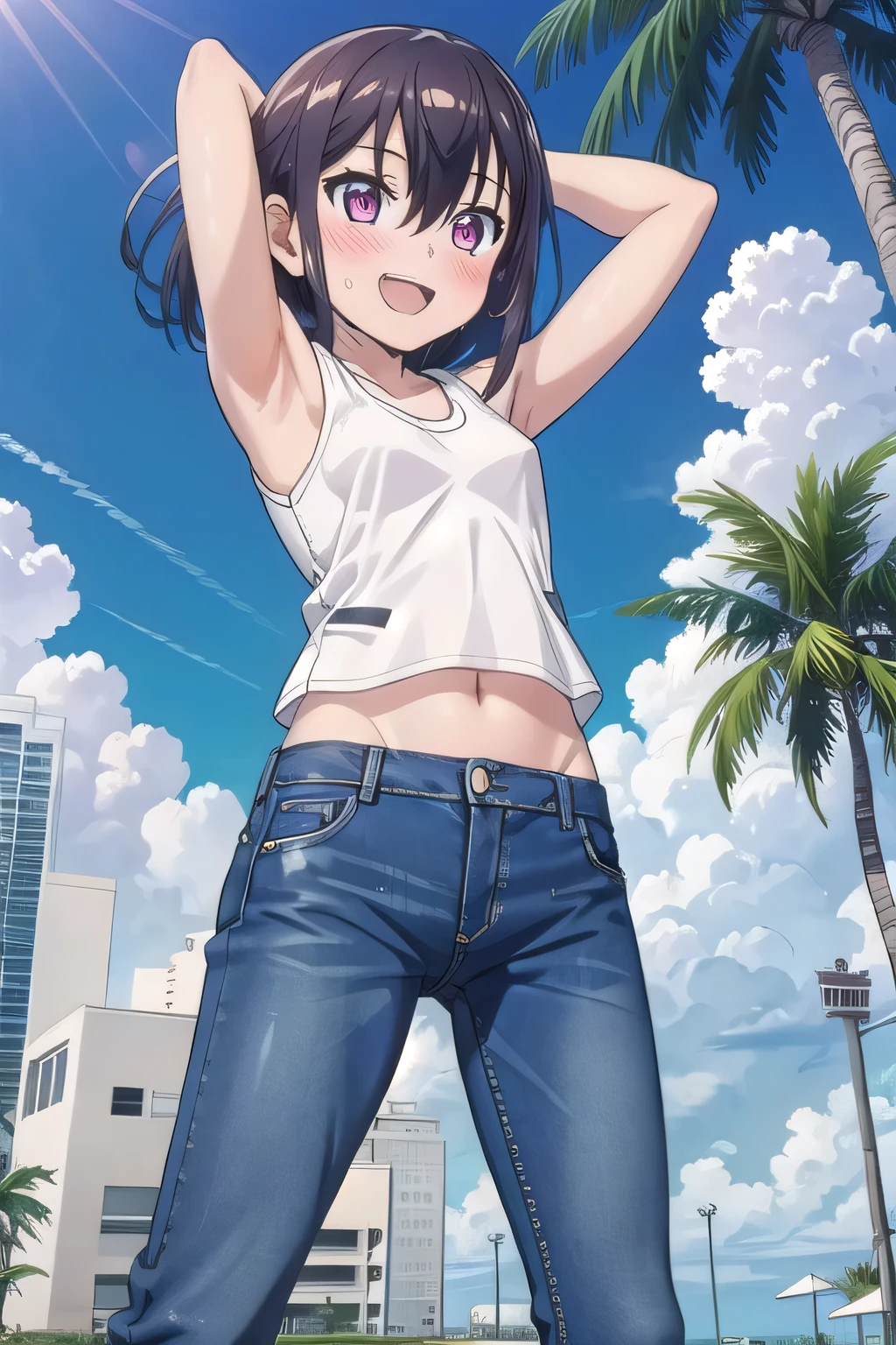masterpiece,best quality,ultra detail, 1girl, 14yo, petite, ((round face, ecstasy, orgasm face, drooping eyes, shame smiling, blush)), dropping eyes, sleepy, background((under the beach, (day:1.2), palm tree, bright sky)), Himeragi Yukina, short hair, arms behind head, contrapposto, spread armpits, ((invisible hands, invisible fingers)), looking at viewer,, (white tank top:1.2), (white crop top:1.2), (jeans pants:1.2, flares jeans:1.2, skinny jeans:1.2, blue jeans:1.2), standing, (legs spread:1.2), sex pose, Sweaty crotch, Steam from the crotch, from below, full medium body