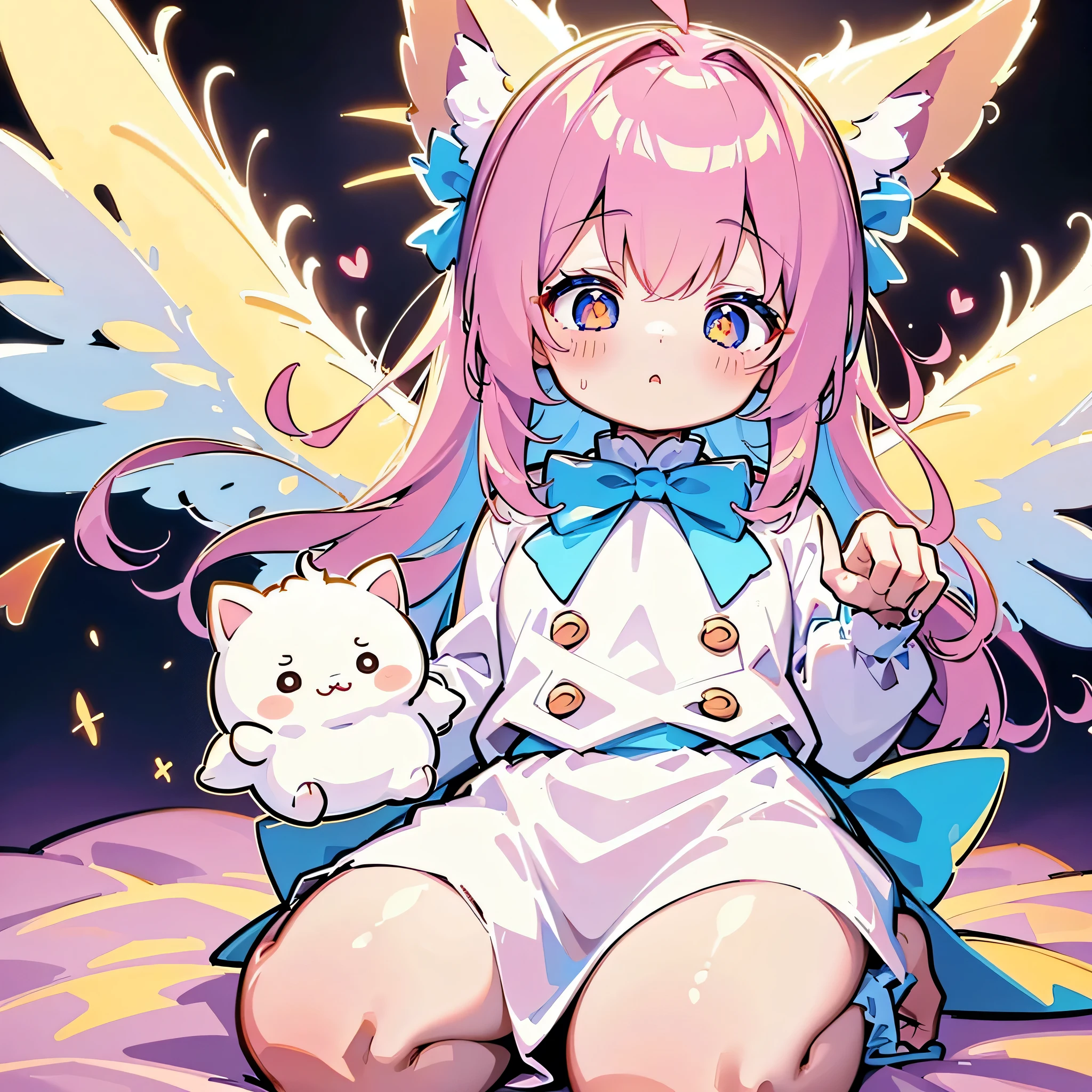 Composition with Usama as the main character、((( best detail、 top quality、's greatest masterpiece)))、（evildoer\Fluffy、Fluffy、ぬいぐるみの cute星の使い魔が頭の上にのっている、AngelicAI,The ears are fairy wings 、 seven color gradation fluffy、 absurd、creative shape 、 cute、 cute、）、