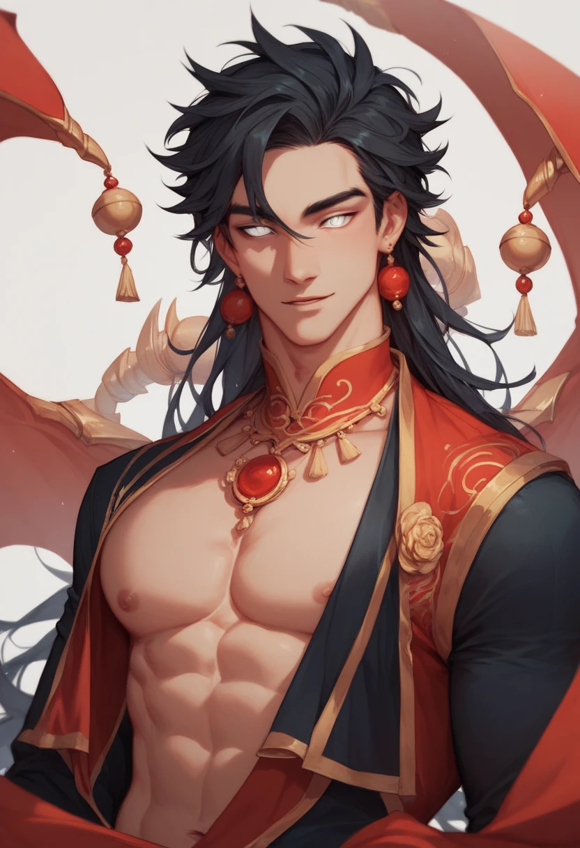 Highest quality, 4K, (anime: 1.2), male, , with a pair of antlers on the head, earrings on the ears, and a bracelet on the wrist Metal ankle rings on the ankles, ancient Chinese style, upper body, bare shoulder, long hair,