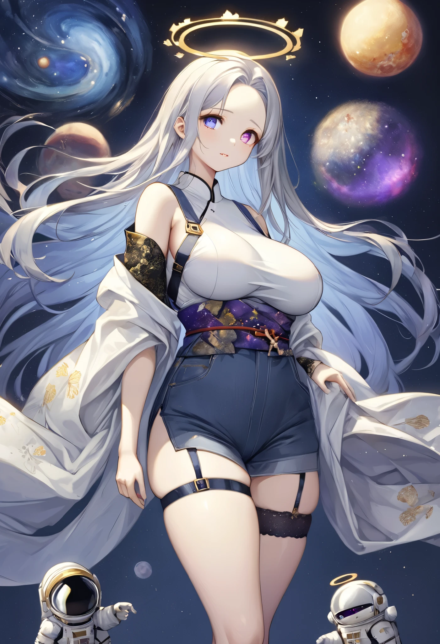 fresh illustration ,
Superfine painting,
top quality,
very delicate illustration ,
Very fine details ,
beautiful attractive anime style ,
Fascinating anime style ,
Super detailed drawing ,
beautiful and sophisticated illustration of one girl ,
full body view,
Height: 158cm,
Fair skin,
right eye blue left eye purple perfect heterochromia ,
large black pupils ,
beautiful eyes,
super long hair,
shiny hair ,
The roots of the hair are blue and the others are gray ,
The hair is gradated
My forehead is half sticking out,
pretty and cute face ,
Cheeks are ruddy,
A small, shiny halo is floating on the back of the head,
Lowering the eyebrows,
since age 27,
The upper half of the body is in a traditional Japanese kimono,
Overall white clothes ,
lower body Nadres ,
The color of the belt is black ,
The design is tastefully embroidered with gold thread,
fine fabric clothing ,
Shoulder-width narrower shoulders,
mega breasts,
Isometric,
Golden Ratio,
god々 like atmosphere,
The undershirt is indigo-colored with a stand-up collar,
outer space ,
There are multiple galaxies ,
Little Star々 upper body ,
tactical use of shadows ,
The hair and the halo on the head do not extend beyond the frame,
Clothes don't stick out of the angle of view ,
garter belt,
stockings ,
The thigh straps are digging into the skin,
lace thong
white long boots ,
There are countless Japanese style ,
Thin Waist,
Thick thighs,
Standing,
Long Shot,