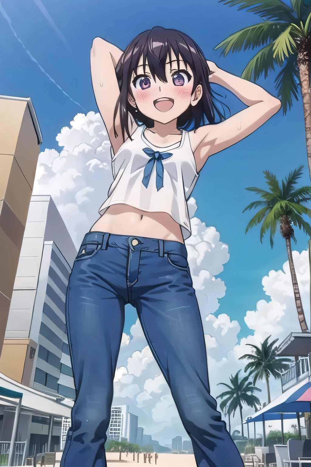 masterpiece,best quality,ultra detail, 1girl, yo, pee, ((round face, ecstasy, orgasm face, drooping eyes, shame smiling, blush)), dropping eyes, sleepy, background((under the beach, (day:1.2), palm tree, bright sky)), Himeragi Yukina, short hair, arms behind head, contrapposto, spread armpits, ((invisible hands, invisible fingers)), looking at viewer,, (white tank top:1.2), (white crop top:1.2), (jeans pants:1.2, flares jeans:1.2, skinny jeans:1.2, blue jeans:1.2), standing, (legs spread:1.2), sex pose, Sweaty crotch, Steam from the crotch, from below, full medium body