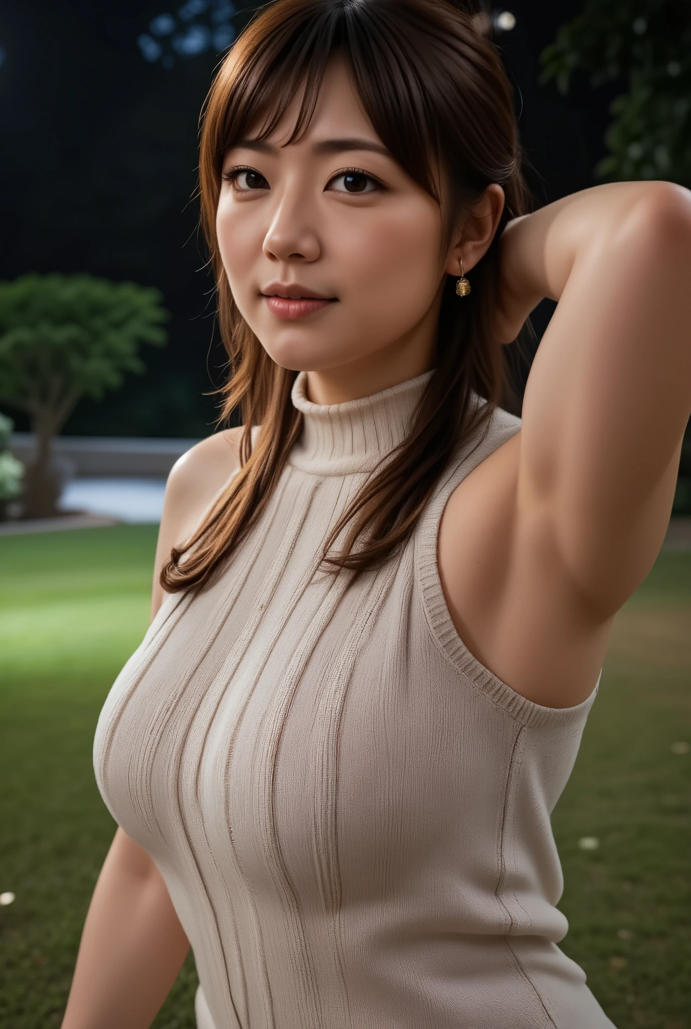 (Outdoor portrait focusing from the chest upward), (1 woman), (Beautiful Japanese mature woman), (Facial features resembling those of a White woman:0.5), (Gorgeous and erotic smile), (mouth open), (Confident posture with chest forward), 1hand behind head, thick arms, (Plus size small waist model), (Direct provocative gaze into the camera), (sleeveless turtleneck sweater dress), sleeveless knitted tuetleneck sweater, high-heels, (stinding outdoors on a bench lehs apart a simple grassy park setting with a strongly blurred background), (nighttime), (Soft natural lighting), (Photorealistic rendering), breasts dynamic focus, (Extremely detailed and realistic facial and skin textures), wool sweater material:1.2, (Shallow depth of field), (High resolution), (Masterpiece). (Half body close-up view perfection facial shot) 