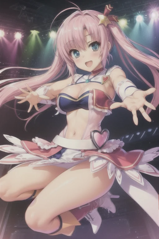 MLTD bg style, (best quality, 8K, masterpiece, HDR, ultra detailed:1.2), cinematic angle, (light particles, sparkle), lens flare, depth of field, bokeh,
1girl, white gloves, open mouth, microphone, short puffy sleeves, glowstick, smile, petals, maid headdress, frills, blush, solo, stage, white thighhighs, belt, hair bow, hair ribbon, medium breasts, idol, upper teeth only, looking away, aqua bow, frilled skirt, hair ornament, frilled dress, audience, solo focus, concert, zettai ryouiki, spotlight, stage lights, shiny hair, looking afar, buckle, belt buckle, elbow gloves, wing collar, jewelry, petticoat, navel, NSFW show pussy