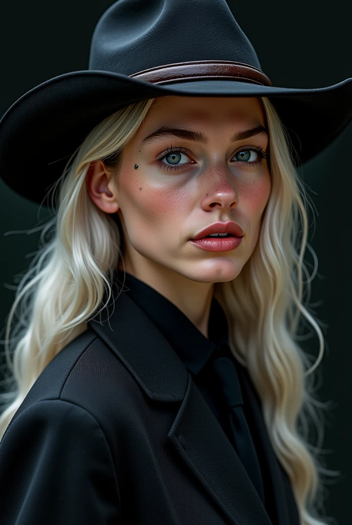 Hyperrealist portrait of female by david hockney and alphonse mucha,fantasy art, photo realistic, dynamic lighting, artstation, poster, volumetric lighting, very detailed faces, 4 k, award winning,, 1girl, in the dark, deep shadow, low key,cowboy shot,(official clothing:1.4) ,long hair,white hair,