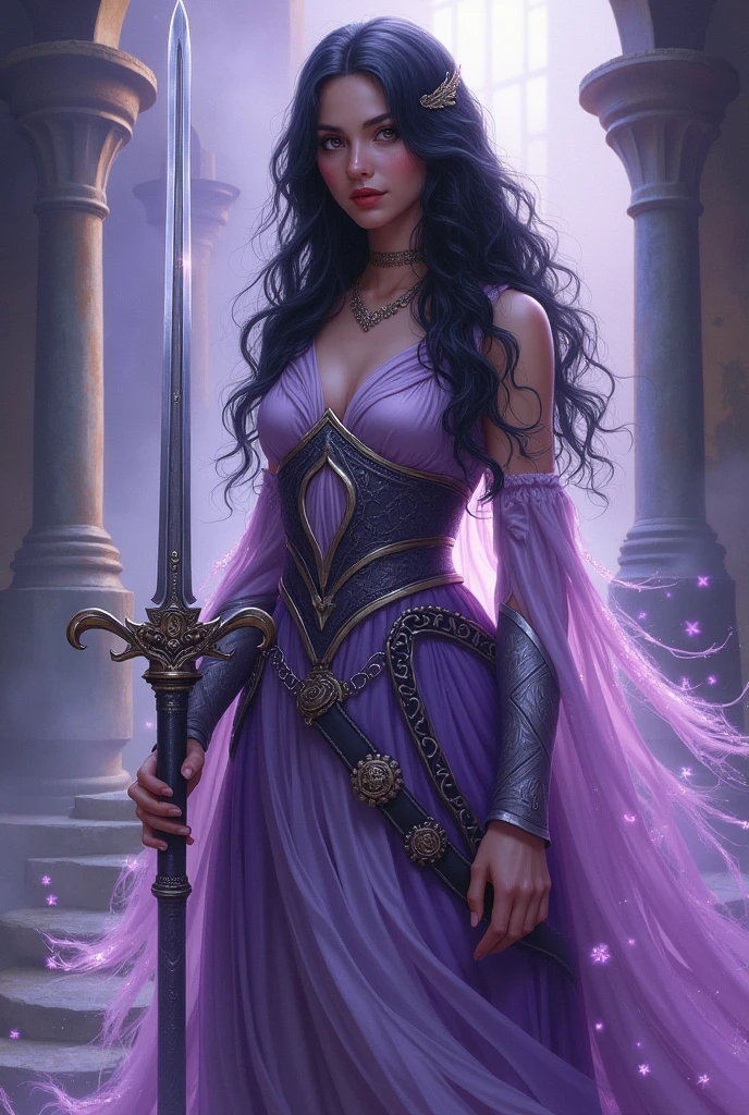 There is a woman with a sword and a purple dress., dark witch character, Epic Mage Girl Character, drawn in lasso style, dark sorceress fullbody pose, Dark Sorceress Full View, a secret from Netflix, female magician, Mechanized Witch, mysterious art style, Morgana from League of Legends