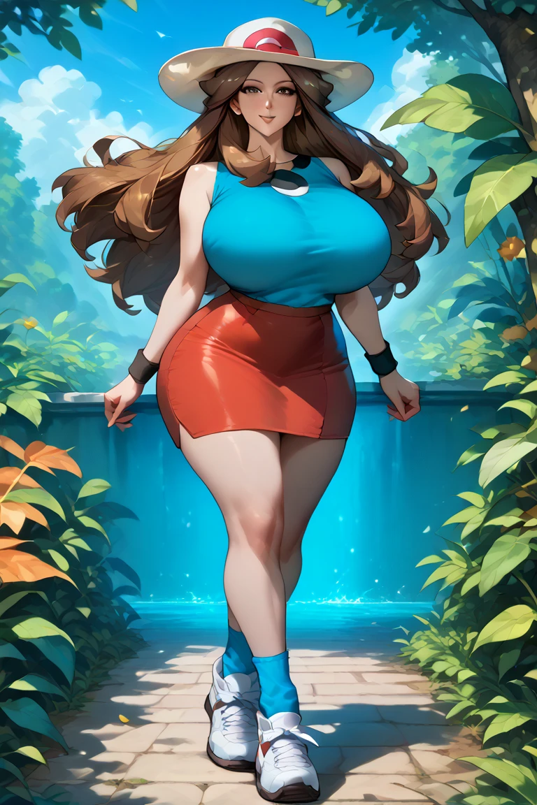 1girl,leaf (pokemon) brown eyes, brown hair, long hair, hat,blue shirt, sleeveless, wristband, red skirt, blue socks, white footwear,older, huge breasts, milf, motherly, wide hips