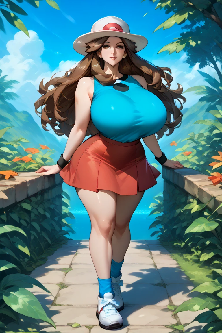 1girl,leaf (pokemon) brown eyes, brown hair, long hair, hat,blue shirt, sleeveless, wristband, red skirt, blue socks, white footwear,older, huge breasts, milf, motherly, wide hips