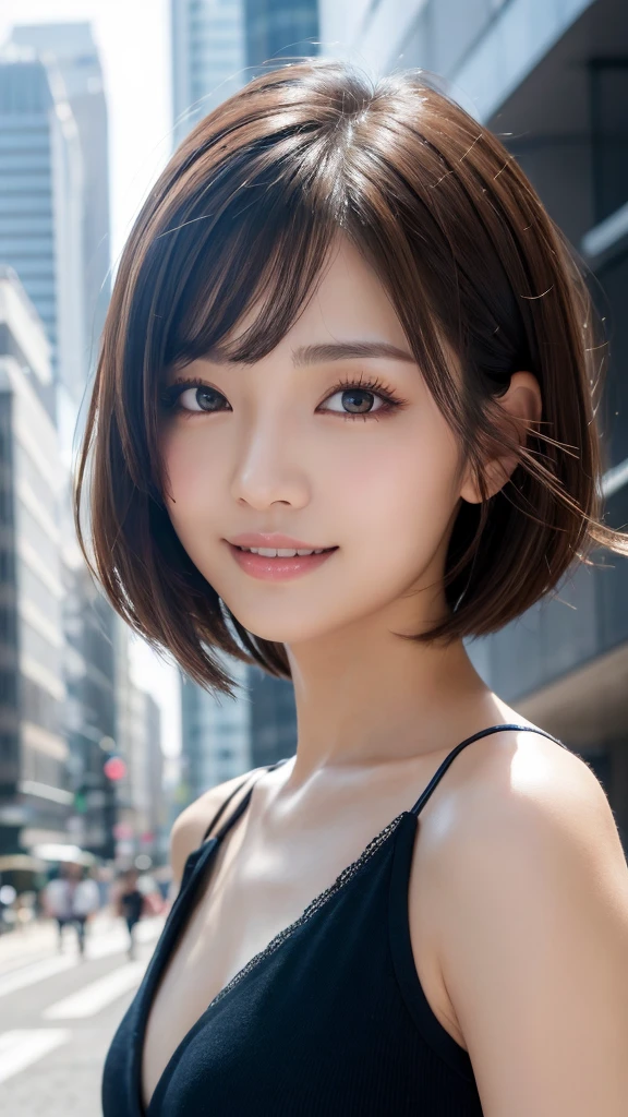(masterpiece:1.3), (Photorealistic, RAW Photos, Highest quality: 1.4), Skinny Japanese woman, 23 years old, (One Girl), (A vivid face), Detailed face, Detailed eye resolution, (Brown hair, Show your forehead、Bobcut:1.3), (Realistic Skin), (topless), Ultra-high resolution, Surreal, High definition, freckles、Small breasts、Cleavage、smile:1.1、With open arms