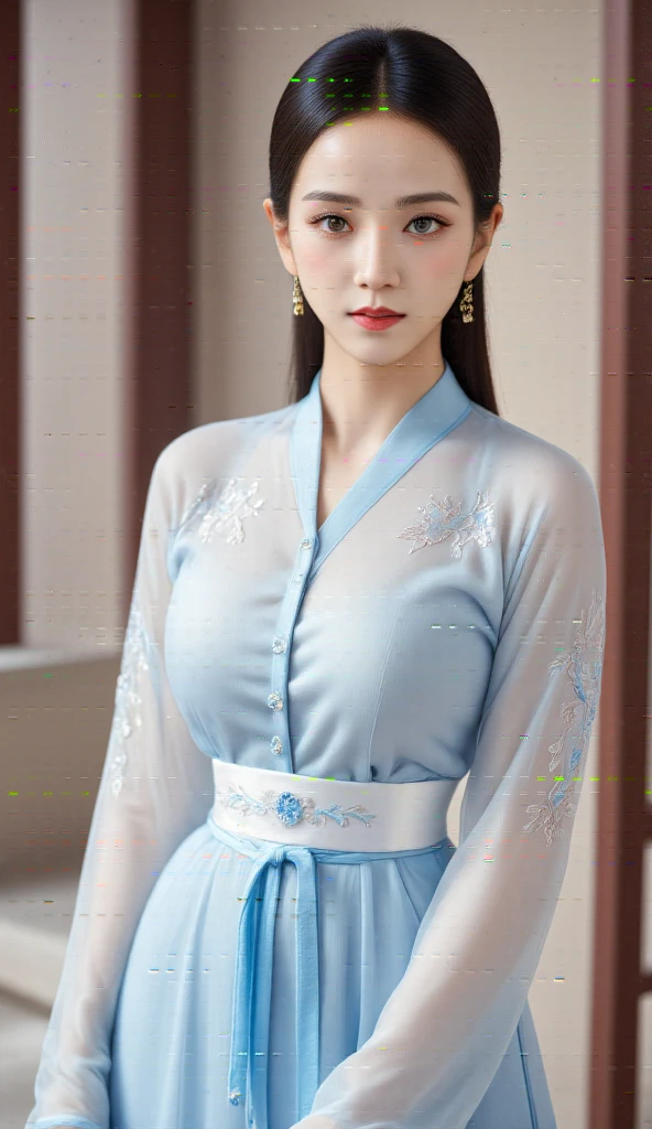   A 25-year-old woman , standing facing forward, using ancient china shirt light blue color