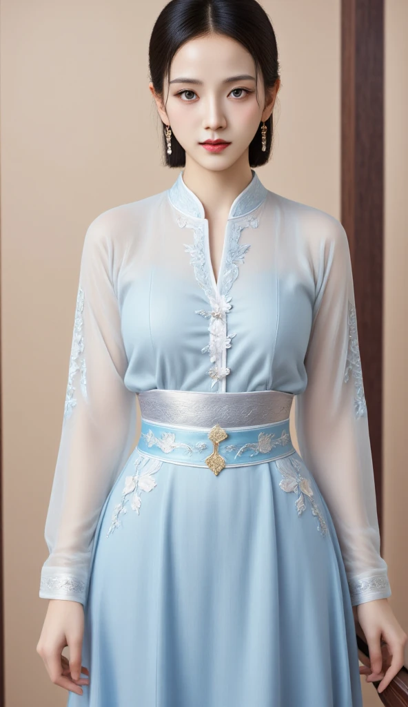   A 25-year-old woman , standing facing forward, using ancient china shirt light blue color