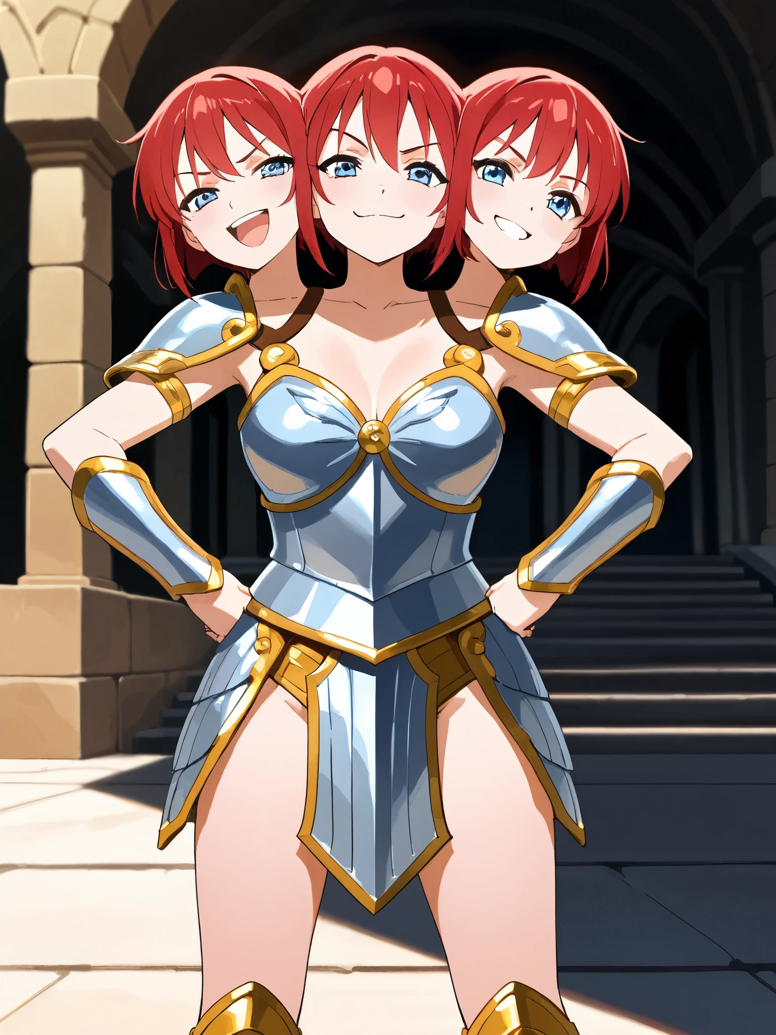 anime girl with three heads, gladiator, red hair, short hair, blue eyes, middle head has closed mouth, right head has open mouth, left head is smiling with teeth visible, smug, confident, light gladiator armor, hands on hips, arena entrance, outside the arena