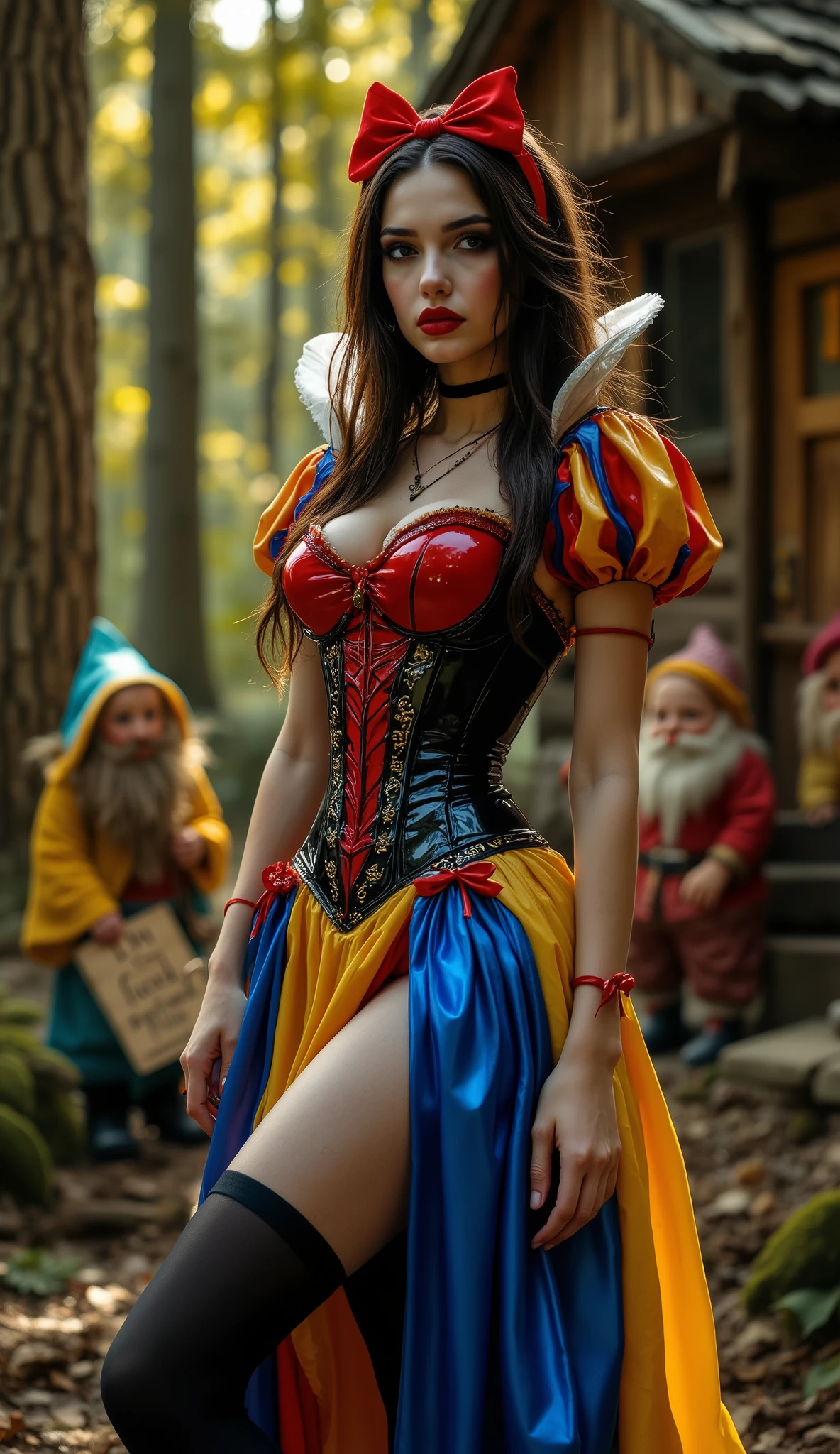 ((extremely realistic cinematic photo)), ((A  girl dressed as the 1960s style Disney character Snow White)) as (BDSM Domina), ( extremely skinny slim supermodel body with skinny long legs), ultra skinny waist, ((tall slender skinny anorexic Supermodel body)), she wear ((glossy red black skintight latex corset with intricate Design)) latex Snow White dress in blue red and yellow, 1960s heavy makup, red lips Smokey eyes pale skin and (glass platform 20inch high heels shoes), long black over the knee silk stockings vith red tied ribbons, colors, red blue yellow on here clothing, intricate details, high quality, ((she is holding an wooden sign text “I’m Fucked tonight”)), sharp focus, she is outside of a small wooden cabin surrounded by the enchanted forest, beautiful golden sunlight though the trees, some small dwarfs are standing behind here, the dwarfs are half the size och the girl, ultrarealistic textures, lowe cowboy shot angel, camera on ground looking up on the girl, wide angel, full body.