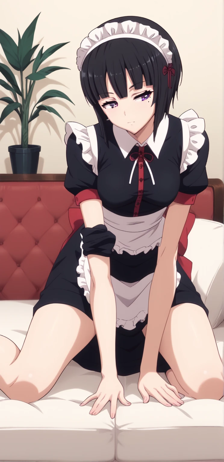 ht_Sally (salvation) : Dress so what  ,   dressed as a maid  ,   wearing the skirt show the panties, looking to the side .   gesture in front of me.   Sitting on the couch  .rin6135, purple eyes,  short hair,  black hair, mole under the eye,  hair between the eyes . Doggystyle no sofá branco.