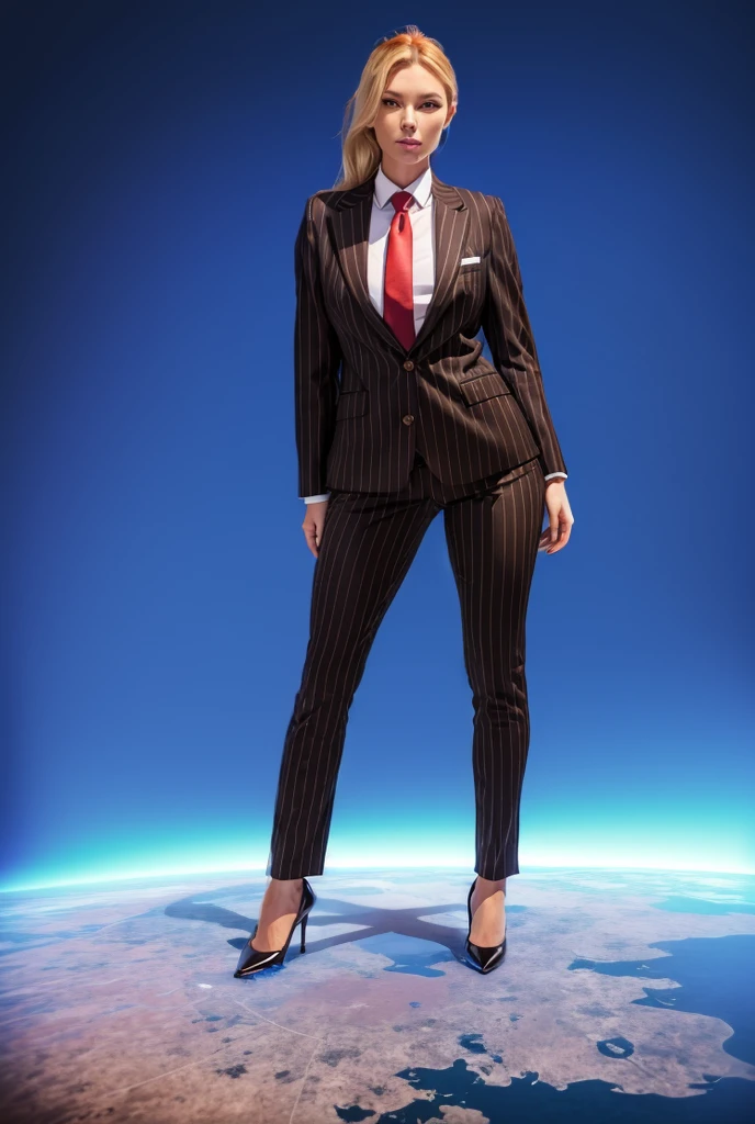 Giga Giantess art 1:4, two highly detailed giga giantess, ginger hair, white woman full body view, 10000 miles tall giga giantess, giga giantess so massive the world is very small to her, huge breasts, navy blue pinstriped 3 piece suit with trouser and blazer, white tailored shirt done up thick and very large Windsor knot tie, ties length reaches just passed the top of trousers, Has long full wavy ponytail, Wearing a pair of  polished round toe court heels Professional attire A look of enjoyment, Beautiful appearance, smile, horny (view from the ground)giga goddess, full body view, standing striaght, stomping on very tiny but massive continent, facing towards camera