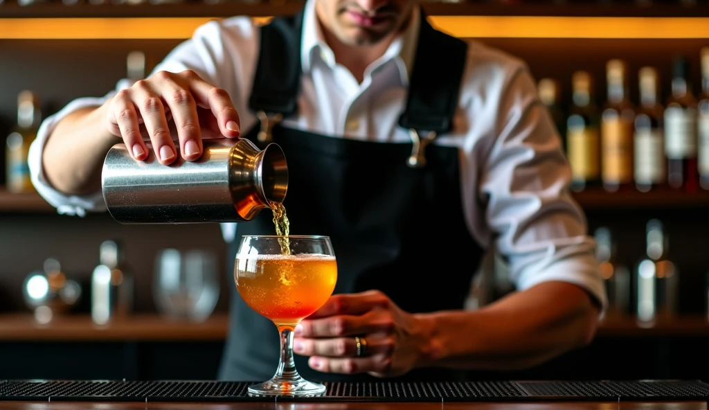 Authentic BAR,( The bartender&#39;s right thumb was amputated at the second knuckle.), steampunk，1800&#39;s Mojito, Spectacular landscapes, , Extremely precise movements, A sublime and delicate work, Cocktail,  masterpiece, 8k, high quality, Hands are a key element in the scene, The hands are very realistic and sharp，I don't draw my face，Wine Bottle Background、Dark interior、カウンターの上にハーブと花がある、手に持っているマドラーは長い