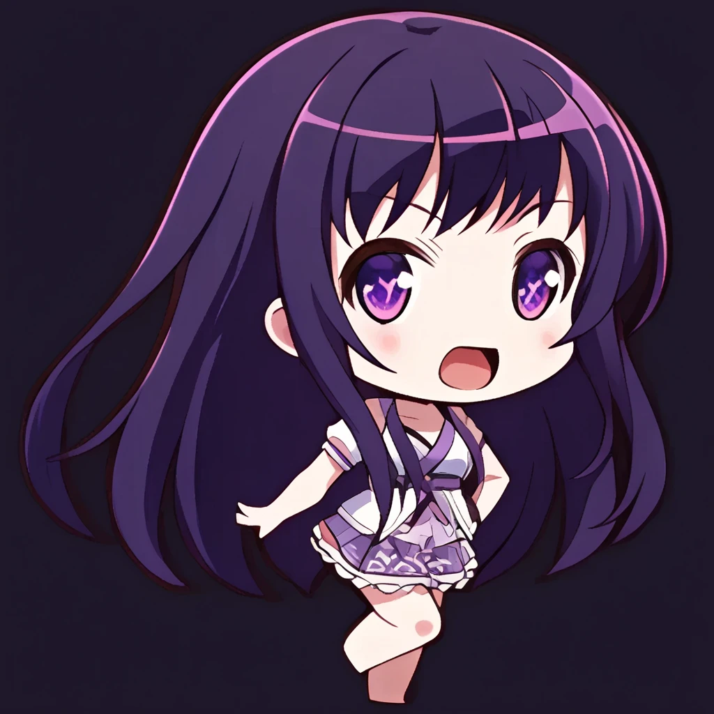 chibi-dol, chibi, full body, 1girl, solo, simple background, {ai hoshino, long hair, bangs, purple eyes, purple hair, symbol-shaped pupils,}