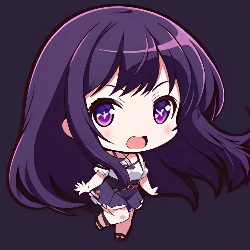 chibi-dol, chibi, full body, 1girl, solo, simple background, {ai hoshino, long hair, bangs, purple eyes, purple hair, symbol-shaped pupils,}