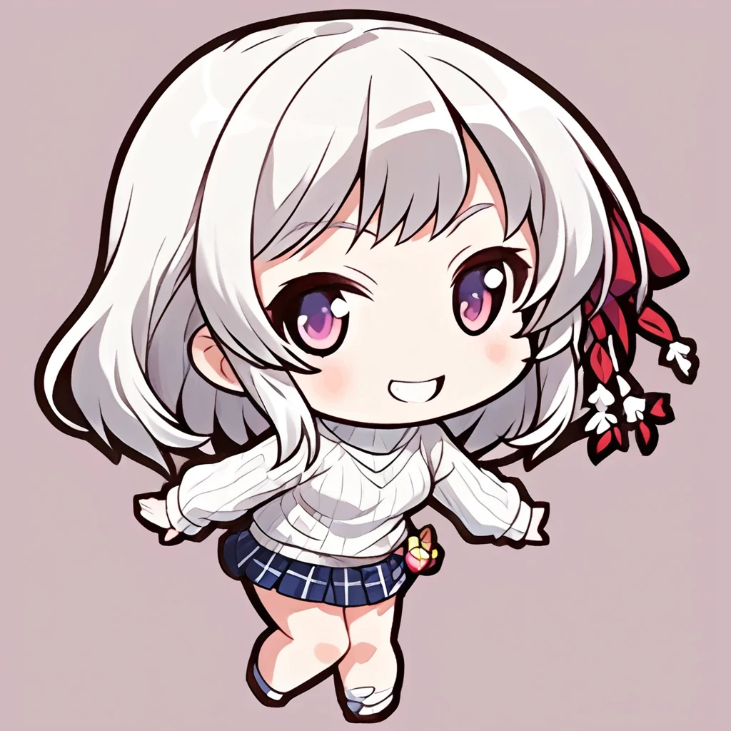 chibi-dol, chibi, full body, 1girl, solo, simple background, {Haruna, sweater, white sweater, skirt}