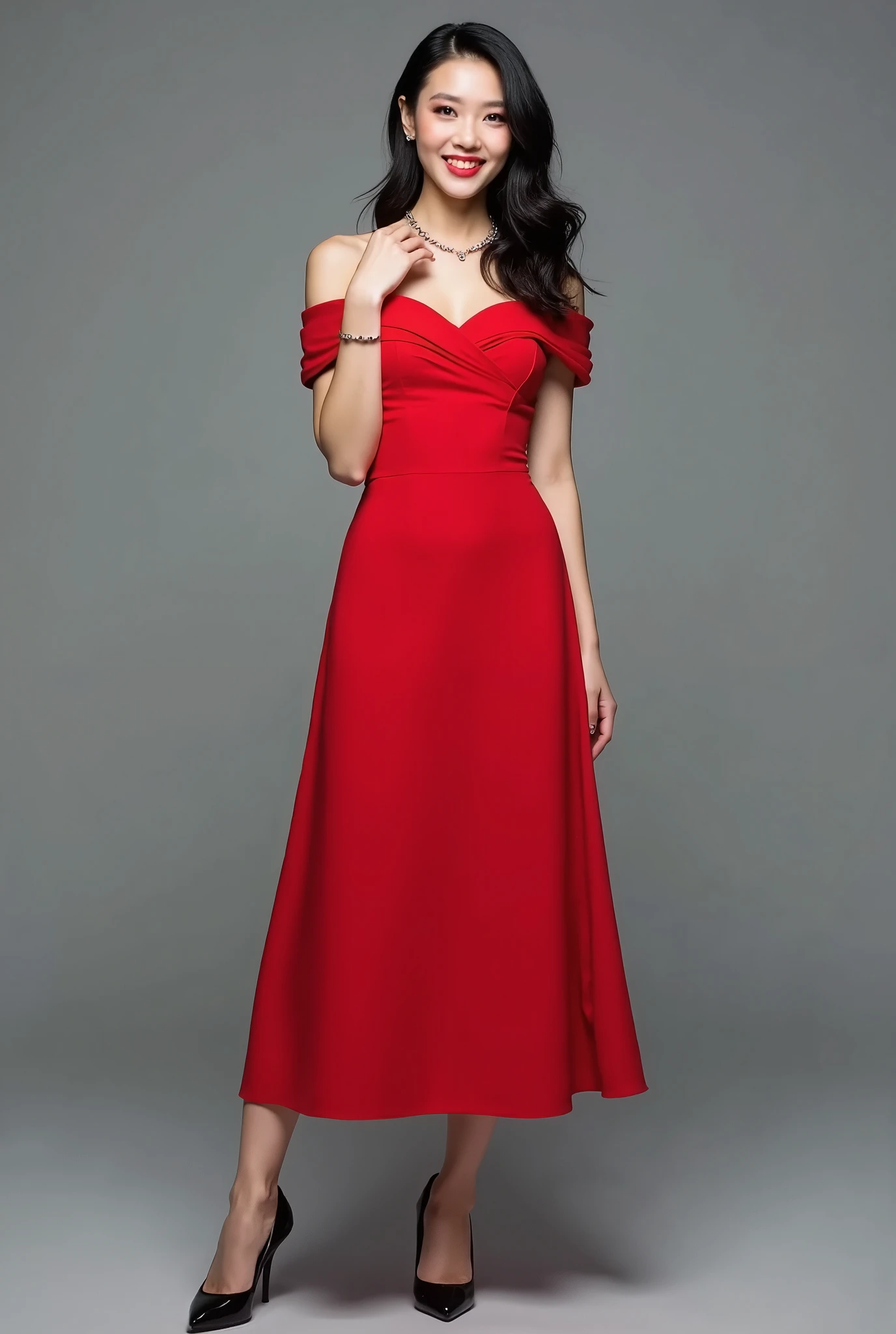 Lebanese lady, diamond dangling earrings, necklace, bracelets, small breasts, red lips, smokey eyes, red long satin slit dress, sad, hot, off shoulder, sleeveless, red cheeks, blush, side swept hair style, cleavages, radiant skin, dark party with neon lights, shy, embarrassed, 40 years old, eyes closed, moaning, full body view