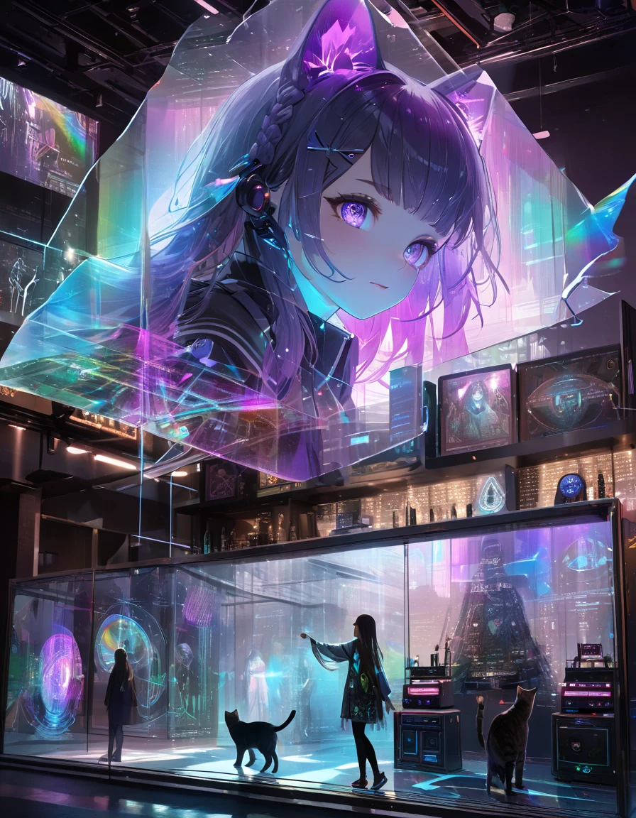 Full color, (transparency:2.0), 
break Ultra-realism, Detailed and realistic skin texture, Detailed and intricate texture, Detailed and intricate brushwork, Detailed and clear depiction, Transparent depiction, aesthetic, 
Girl with cat, DJ girl in a club, cyber punk, White and purple gradient braided long hair, Neon holographic transparent cat dancing like a human, break Neon Art Background, Cinematic lighting effects, Transparent light, Mysterious Light, Fantastic Fog, Cryptical, 
break (( Phantasmal iridescent , holographic)), (details and Transparent depiction, transparency:1.6), 