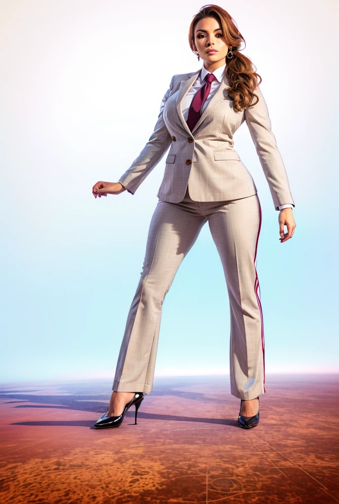 Giga Giantess art 1:4, two highly detailed giga giantess, ginger hair, curvy bbw white woman full body view, 100000 miles tall giga giantess, giga giantess so massive the world is very small to her, huge breasts, light grey pinstriped 3 piece suit with trouser and blazer, white tailored shirt done up thick and very large Windsor knot tie, ties length reaches just passed the top of trousers, Has long full wavy ponytail, Wearing a pair of  polished round toe court heels Professional attire A look of enjoyment, Beautiful appearance, smile, horny (view from the ground)giga goddess, full body view, standing striaght, stomping on very tiny but massive continent, facing towards camera