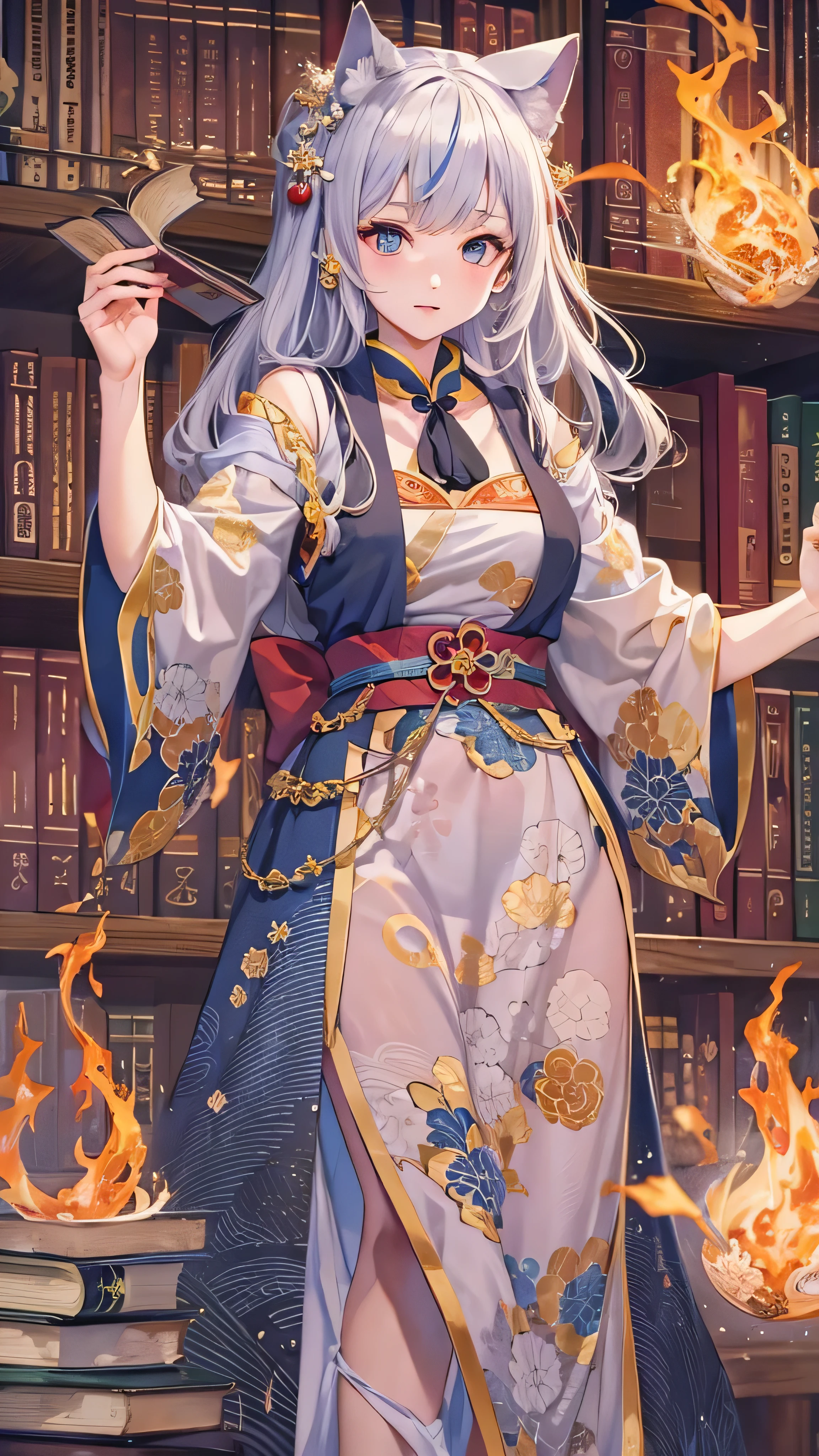 A high resolution，best qualtiy，the detail，Shadow texture，8K quality，Wear a coat，White color hair，Wear a garland on your head，Draped with hair，In the library，Wear a gold bracelet，red color eyes，Long hair，Japanese style，Literary girl，Wear armbands，Wear a necklace set with blue gemstones，Royal sister，Black stockings，Slightly fat，Slender legs