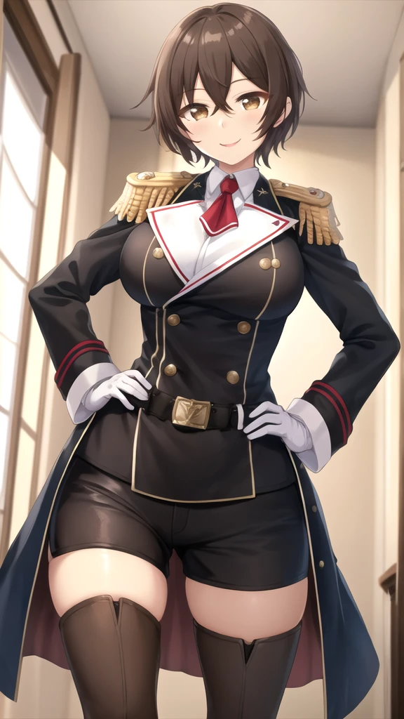 masterpiece, best quality, high quality, girl, solo, looking at viewer, mizuto_irido, brown eyes, brown hair, hair between eyes, large breasts, military uniform, coat, black shorts, epaulettes, brown belt, thigh boots, white gloves, smile, hands on hips, indoors,