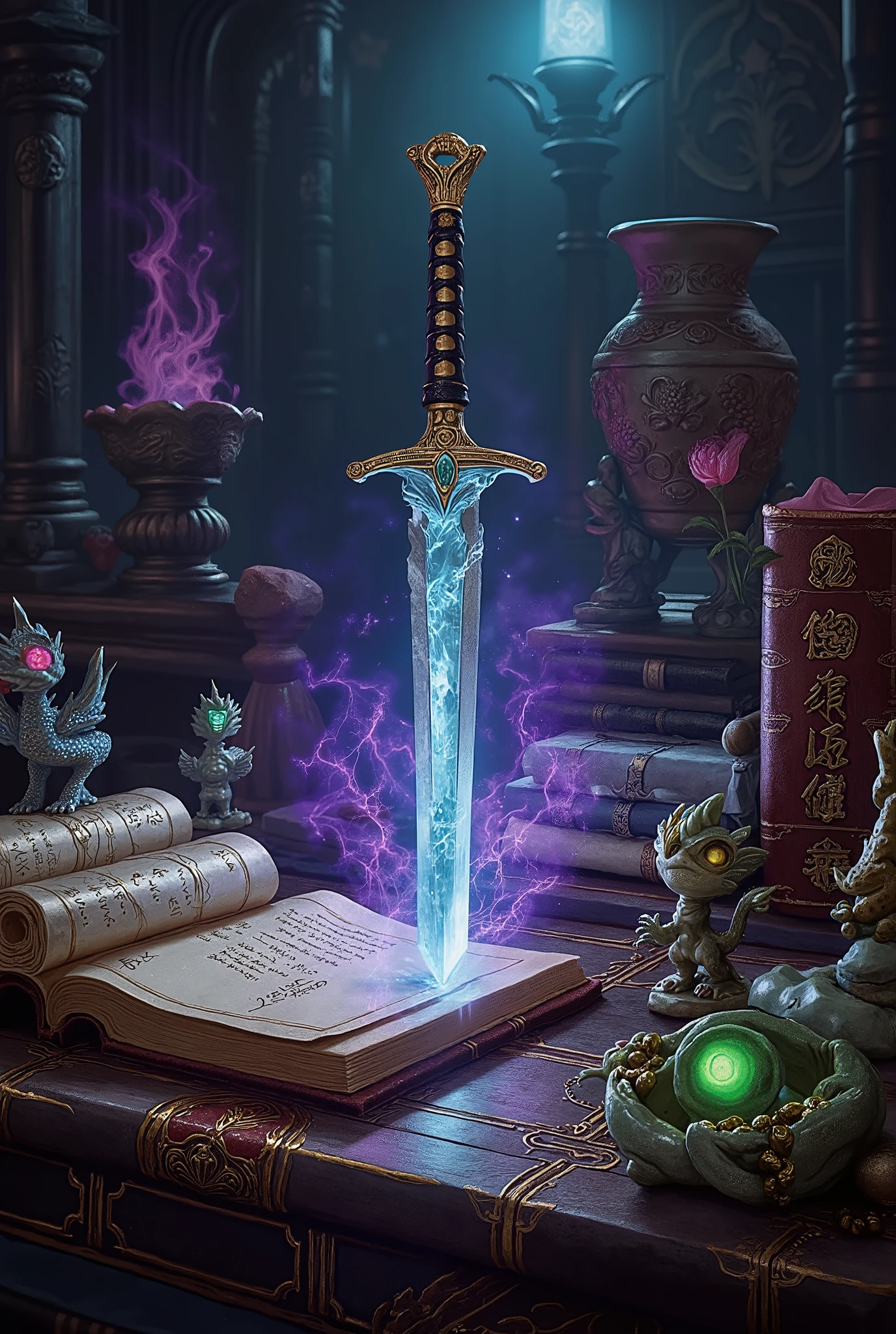     A cover for a Dungeons and Dragons book     :

   The cover looks like a work table ancient ,  made of dark and lustrous wood ,  with golden inlays that outline their outline . On the surface,  are arranged several magical objects ,  each imbued with a special aura . in the center of the image,  a shiny katana ,  its blade imbued with a supernatural glow that reflects a mixture of blue and silver,  while its handle is adorned with a golden snake ,  symbol of wisdom and power . At your side, an ancient volume ,  with leather covers and kanji symbols engraved on its surface ,  seems to vibrate with a mystical energy ,  inviting the reader to discover forbidden secrets .

To the left,  a scroll rolled with red and gold seals rests on an ancient stone ,  while on the right ,  a set of small jade figures representing mythological creatures ,  like dragons and phoenixes ,  your eyes illuminated by a green and luminous energy .  in the background ,  an ancient ceramic urn ,  with intricate floral patterns ,  exudes a faint violet light ,  suggesting that it contains some arcane power .