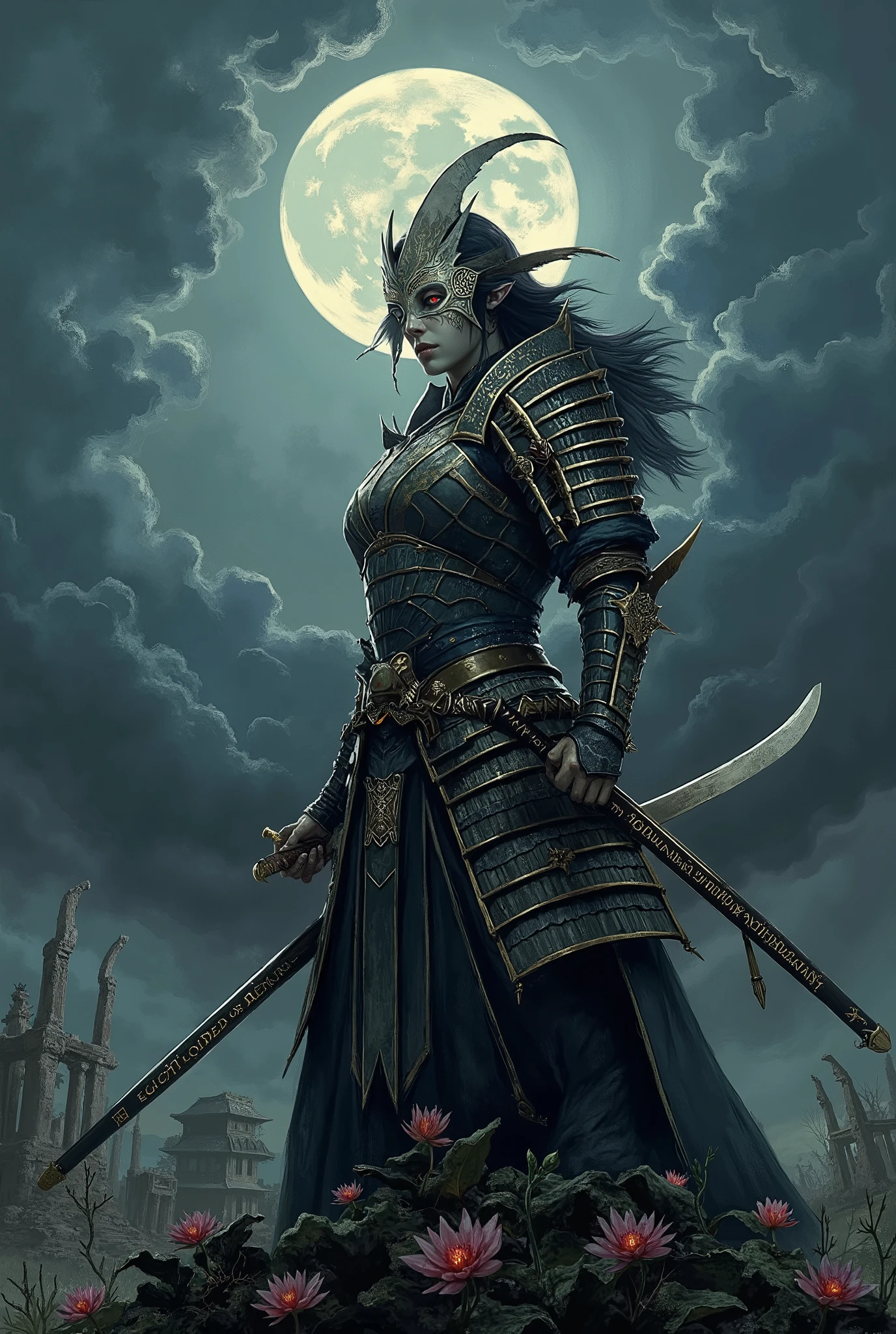 A cover for a Dungeons and Dragons book :
The cover presents an imposing figure , a samurai warrior standing on the edge of a gloomy battlefield , where the shadows of ancient Wars can still be felt in the air . The figure, a woman with an upright posture and a fixed gaze , is dressed in samurai armor from intricate design , but the highlight of her appearance is the mask on her face . the mask, dirty white , is decorated with red and black spots that represent the suffering and anger of the cursed lineage that carries . his eyes, hidden behind the mask , shines with intense light , suggesting that women are full of power and determination , despite the tragedy she carries with her .
In his right hand, she holds a katana whose edge seems to glow with dark energy , reflecting the light of the full moon that illuminates the desolate battlefield . Her handle is decorated with symbols of protection , while the blade of the sword is engraved with ancient runes that tell the story of their cursed lineage. At your side, a black lotus flower blooms , representing both the beauty and suffering that her lineage has endured .
in the background , a gloomy landscape with Bare trees and ruins of ancient samurai temples are Extend , giving a melancholic and somber air to the scene . in the distance, a storm is brewing , its dark clouds reflecting the anger and violence inherent in the lineage of the daughter stained .