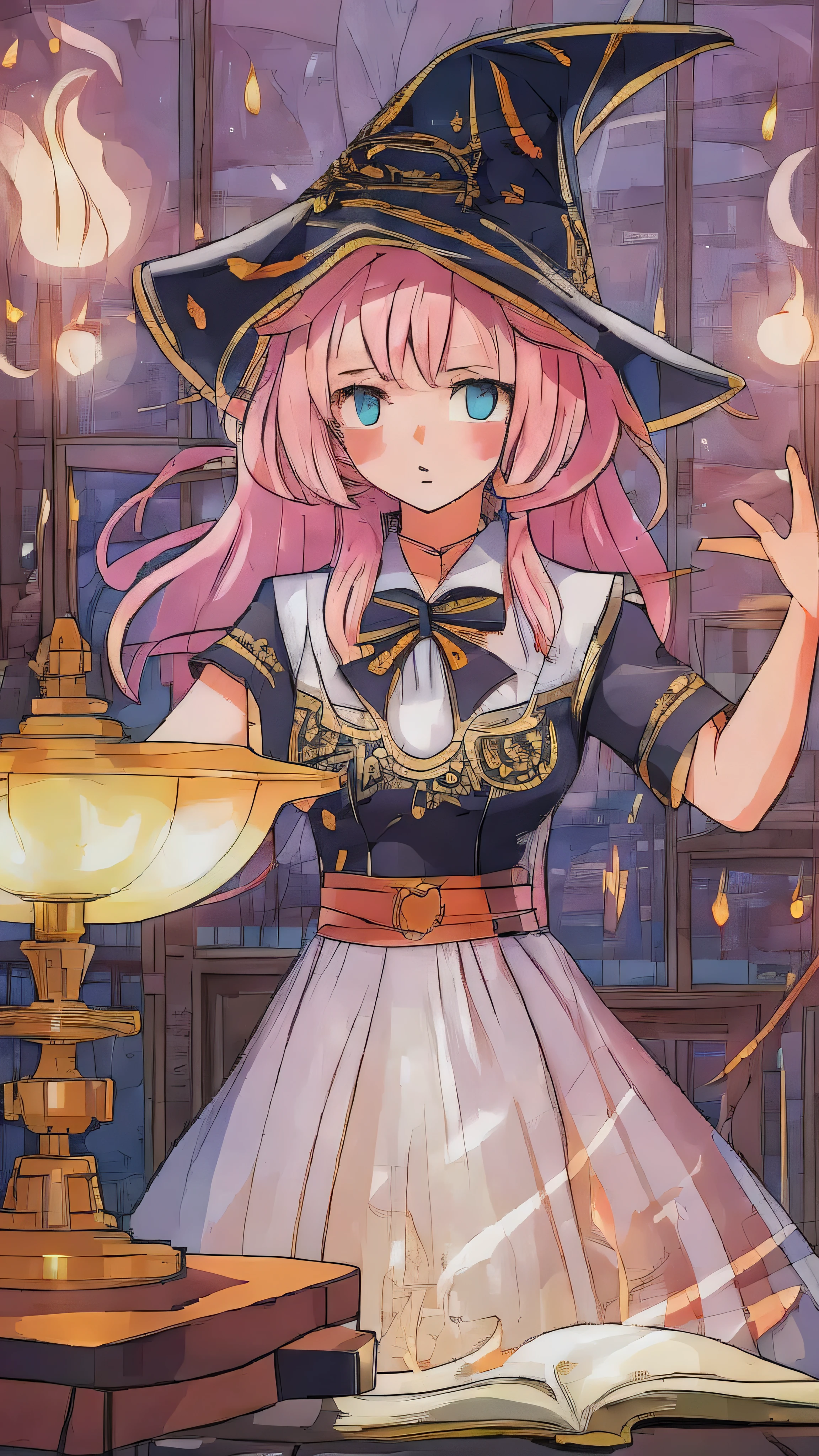 (1 nekomimi girl , No human ears ),(beautiful eyes finely   Details, Look at the details,   Multi Colored Hair ),  wears a witch costume in a long dress ,  expression of anger, I have a magic book,  while casting magic spells 、 she has a book with flames coming out of a book ,  At the library ,   the background is a Katsushika Hokusai-style swirling flame ,  many magical particles shine in front of her, Masterpiece,  top quality,   Details,  High Resolution Illustration 