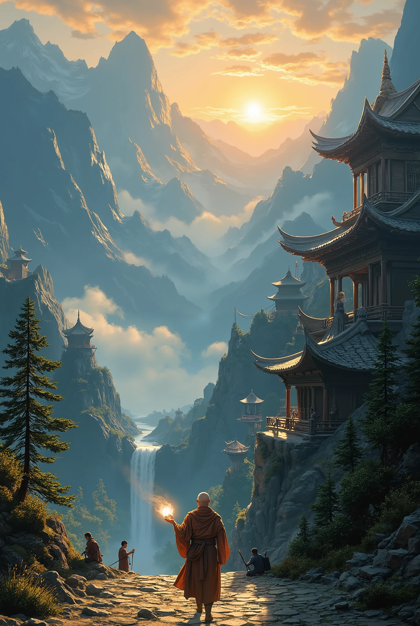 A cover for a Dungeons and Dragons book :
The cover presents an impressive and serene landscape , dominated by tall mountains that seem to touch the sky , covered in fog and mysticism . The scene is illuminated by the soft, golden light of a sunrise filtering through the clouds , bathing the peaks in a heavenly glow . On the right side , a vast complex of Buddhist temples and shrines sprawls along one of the mountain's slopes, its curved ceilings wooden structures adorned with intricate details , all shrouded in serenity nature .
The temples are surrounded by pine trees and small zen gardens , while crystalline waterfalls gently fall from the heights , creating an atmosphere of peace and reflection. In the foreground, a figure dressed in a monastic robe walks along a cobbled path , his calm and serene face , as if you were in the middle of a deep meditation . in your hands, He holds a censer , whose white smoke rises to the sky , adding a mystical touch to the environment .
On the distant peaks , you can see more temples and pagodas , some partially hidden among the clouds , while on the horizon , the sun seems to rise slowly , illuminating a world that feels suspended between life and the afterlife . Small figures of monks are scattered among the temples , in deep meditation , while some practice sacred rituals with bells and drums .