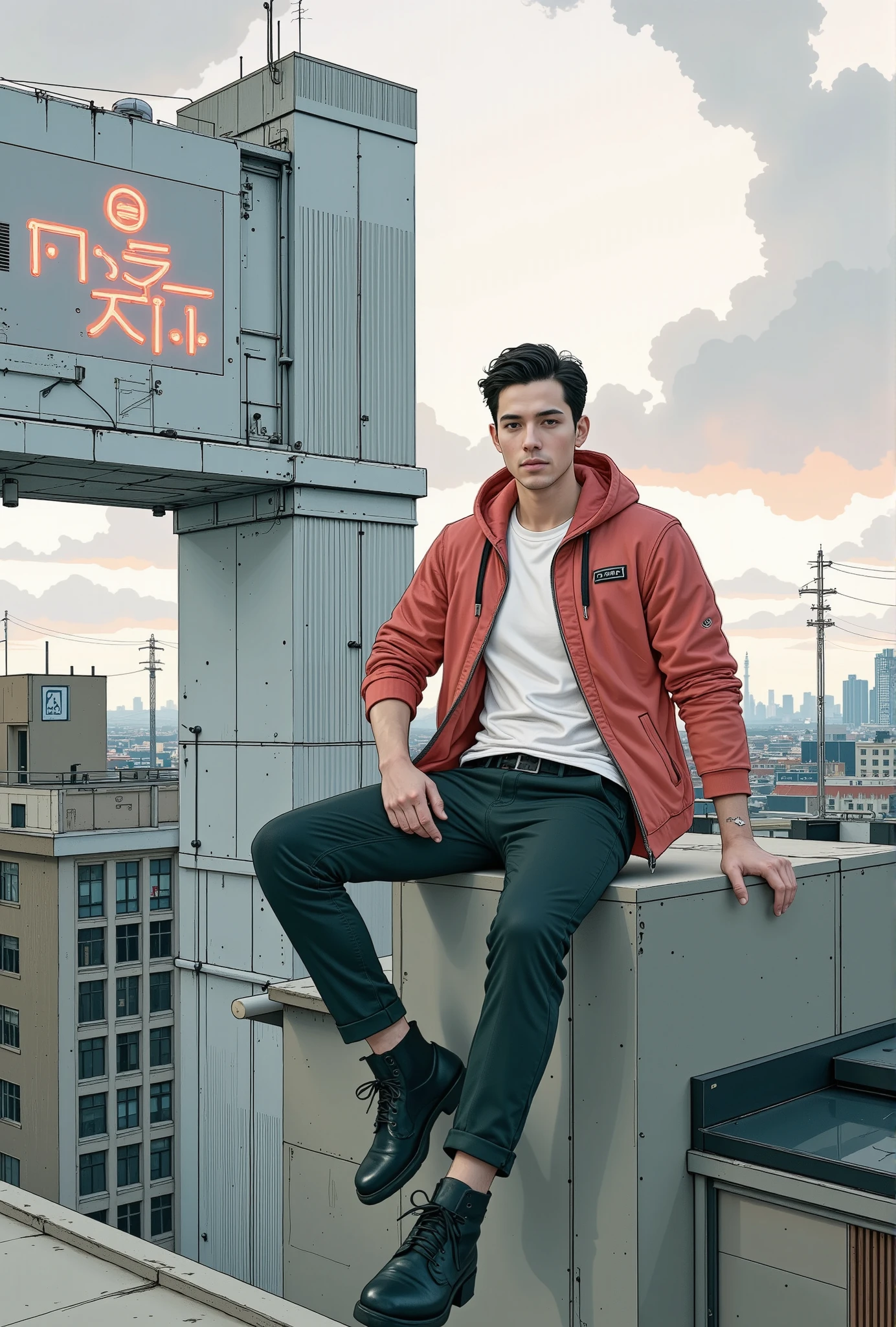 arafed man sitting on a wall  with a city in the background, red coat, wearing a red coat, urban fashion, cool red jacket ,  wearing a scarlet hoodie , sits on a roof , Casual Streetwear ,  sitting on the roof of a skyscraper ,  with a city in the background,  style by Jordan Grimmer , standing on the roof, Standing on a rooftop