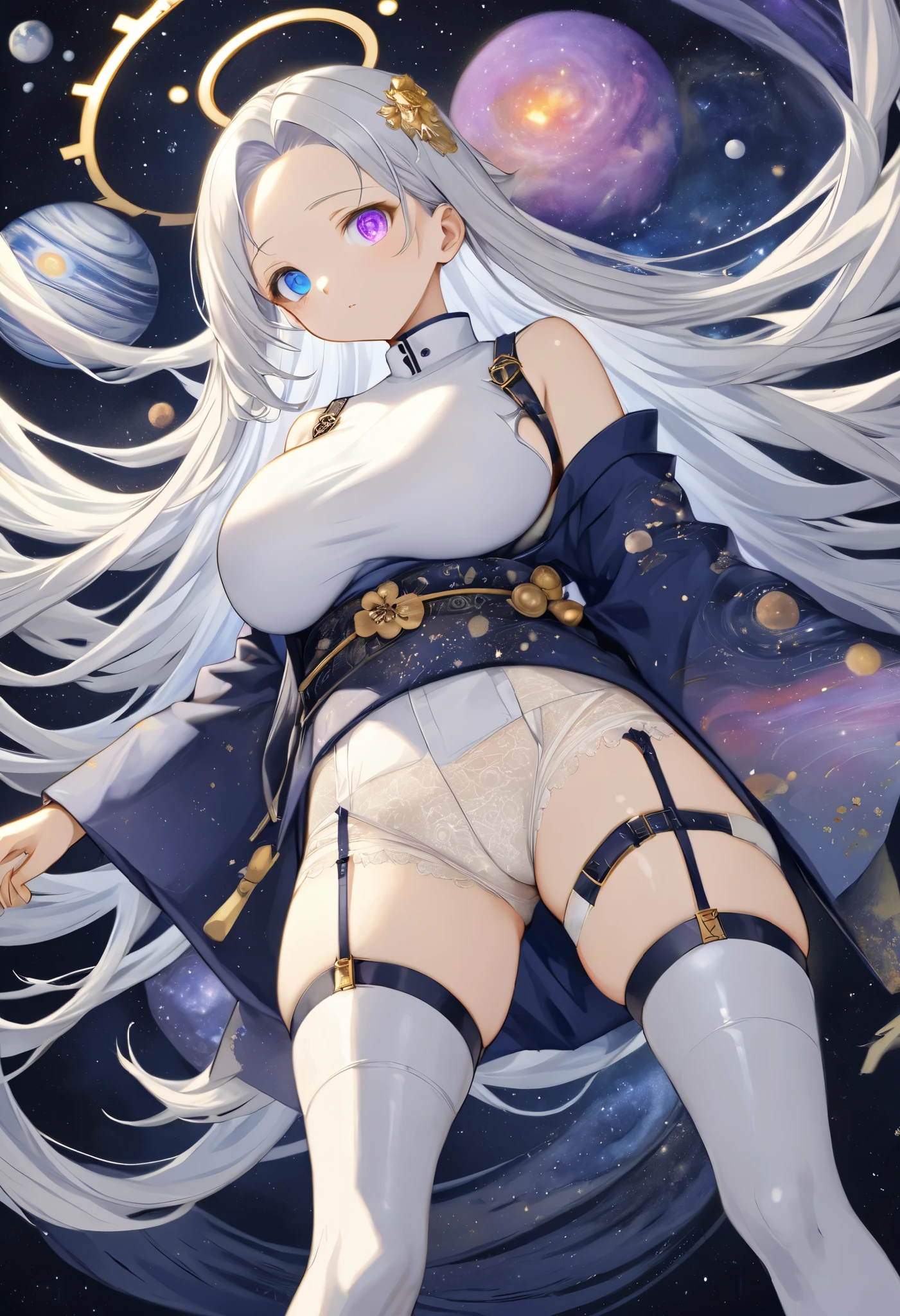 masterpiece, best quality,  <lora:kiana:1>,kiana kaslana, 1girl, solo, smile, planet, large breasts, closed mouth, space, thighs, legs up, moon