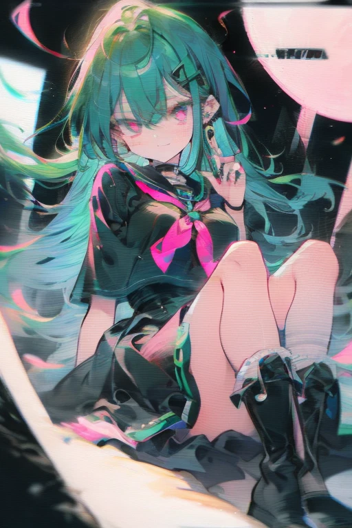 Manami, green hair, pink eyes, black seifuku, short sleeves, stockings, boots, large breasts, crt tv