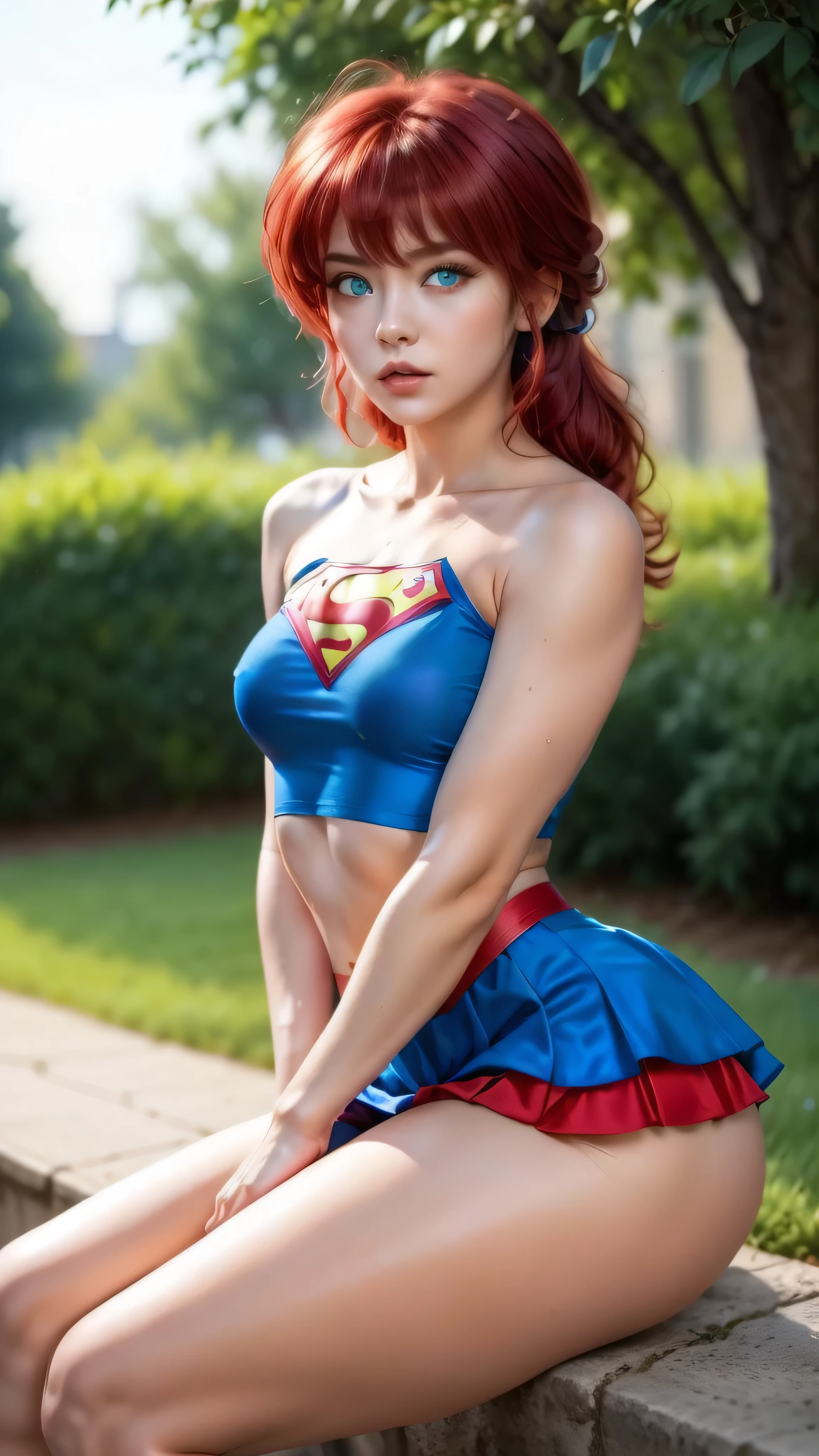 Supergirl, sexy, sentada em uma cama, quente com sol brilhante, covered in water drops, pele branca leitos, realista, pingando molhado, olhar molhado, thick white liquid by body red hair, cabelo ruivo