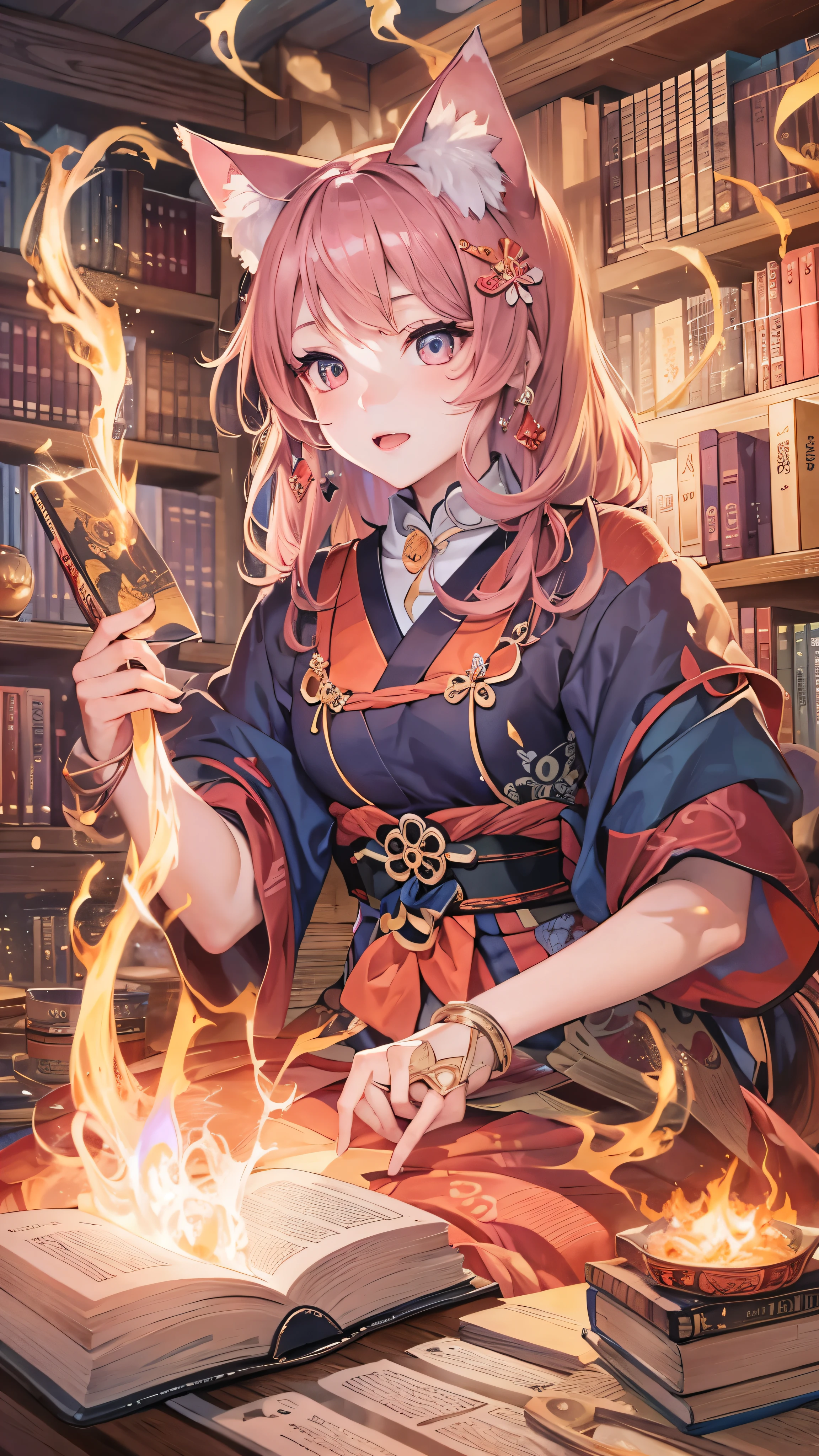 (1 nekomimi girl , No human ears ),(beautiful eyes finely   Details, Look at the details,   Multi Colored Hair ),  wears a witch costume in a long dress ,  expression of anger, I have a magic book,  while casting magic spells 、 she has a book with flames coming out of a book ,  At the library ,   the background is a Katsushika Hokusai-style swirling flame ,  many magical particles shine in front of her, Masterpiece,  top quality,   Details,  High Resolution Illustration 