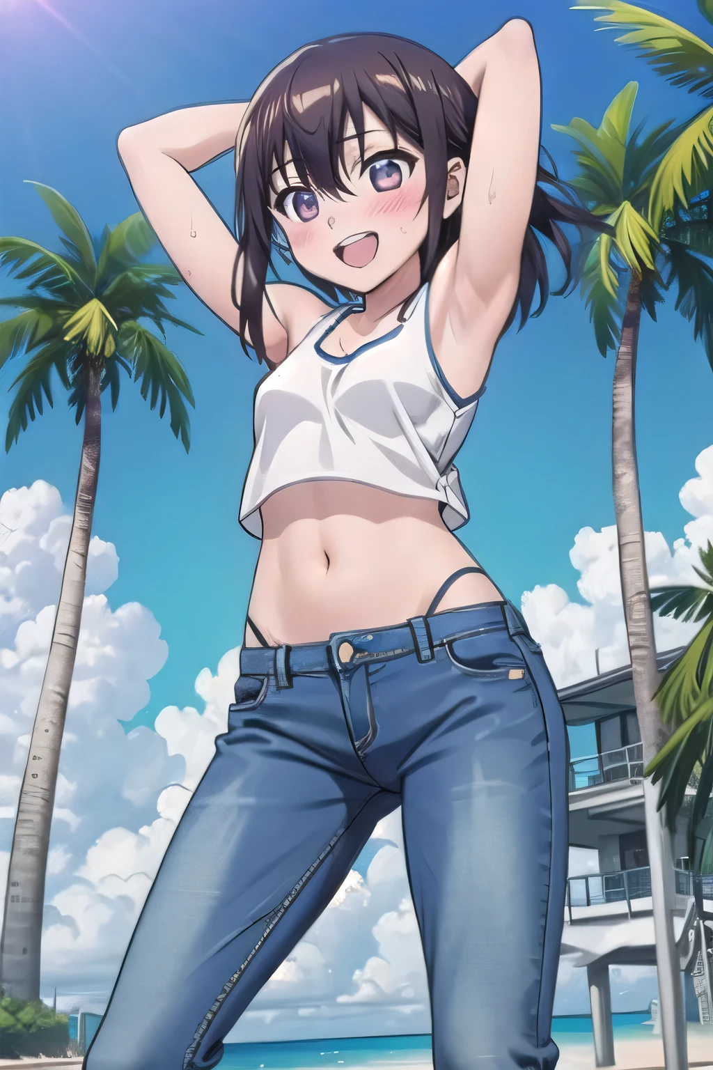 masterpiece,best quality,ultra detail, 1girl, yo, pee, ((round face, ecstasy, orgasm face, drooping eyes, shame smiling, blush)), dropping eyes, sleepy, background((under the beach, (day:1.2), palm tree, bright sky)), Himeragi Yukina, (medium hair:1.2), arms behind head, contrapposto, spread armpits, ((invisible hands, invisible fingers)), looking at viewer,, (white tank top:1.2), (white crop top:1.2), (jeans pants:1.2, flares jeans:1.2, skinny jeans:1.2, blue jeans:1.2), standing, (legs spread:1.2), sex pose, Sweaty crotch, Steam from the crotch, from below, full medium body