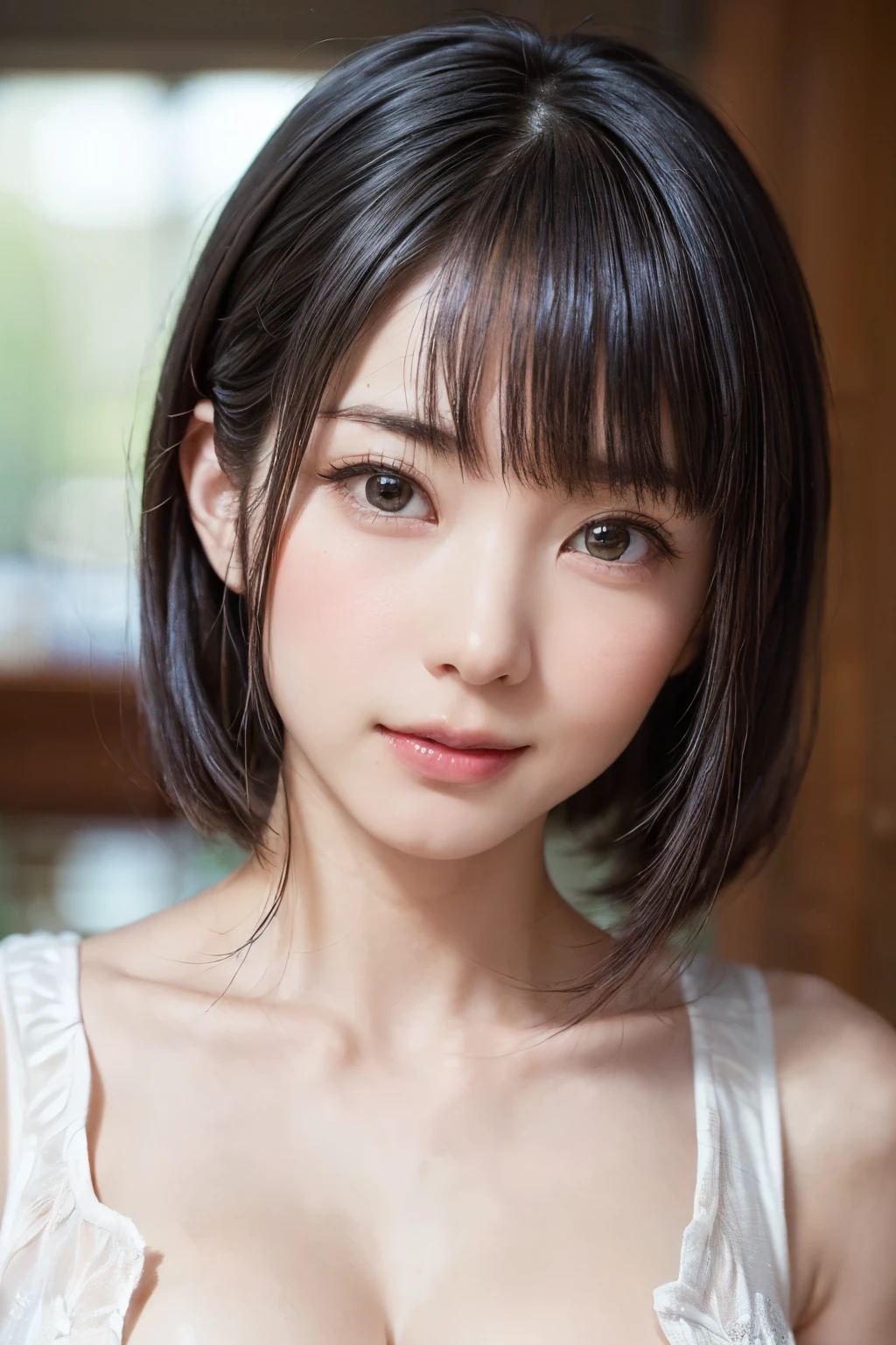(table top, highest quality、ultra high resolution、face focus focus、focus on the sides、navel focus、decolletage focus、very attractive beauty、Add intense highlights to your eyes、look closely at the camera:1.4、Absolutely beautiful bangs:1.4、Brunette short bob hair with bangs:1.4),1 girl, Report, black haired, realistic, looking at the viewer, pale black eyes, short hair, lips, lip gloss, Upper body、Big eyes、eyelash)、((Simple background in bright colors、hyper real stick:1.4))、((short hair with bangs:1.4、Beautiful bangs with 46 points:1.4、{Huge|big|huge|mega} chest:2, cleavage:2、Big eyes、Give students very powerful highlights、very bigger chest、look at the audience、very beautiful beauty、show me your ears、beautiful long neck、beautiful decollete、smile、A smilee beautiful teeth、Open your mouth and smilee))、28 years old、very cute super model、perfect anatomy、simple blue background:1.8