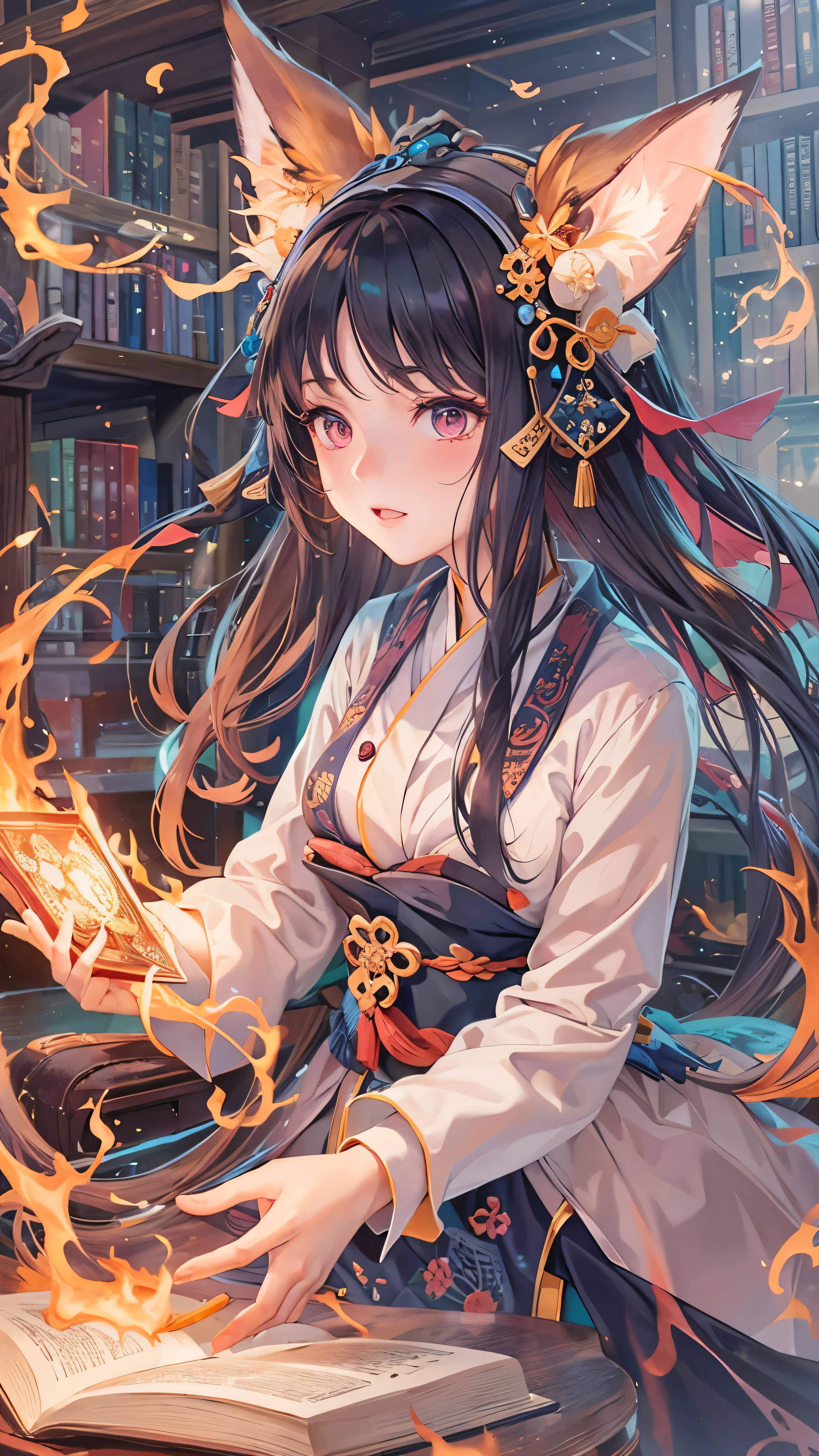 (1 nekomimi girl , No human ears ),(beautiful eyes finely   Details, Look at the details,   Multi Colored Hair ),  wears a witch costume in a long dress ,  expression of anger, I have a magic book,  while casting magic spells 、 she has a book with flames coming out of a book ,  At the library ,   the background is a Katsushika Hokusai-style swirling flame ,  many magical particles shine in front of her, Masterpiece,  top quality,   Details,  High Resolution Illustration 