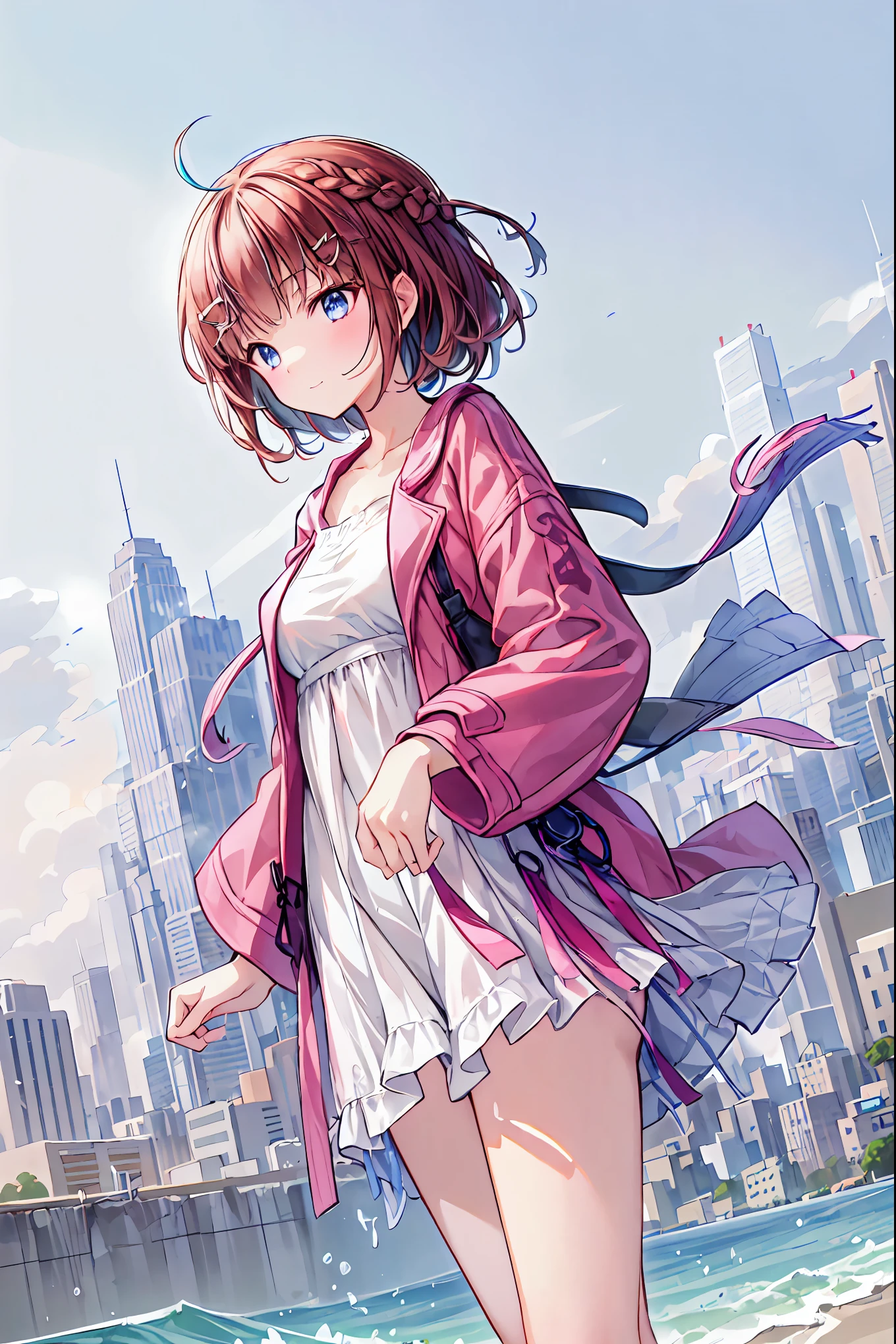 Winter clothes、Red coat、Bare legs、(    top quality ,Masterpiece:1.3,     Ultra-Fine ),(     very detailed,     caustics ,8k),(     realistic :1.4,RAW shooting),18 years old,     Japanese     ,     cute,  Looking at the camera and smiling   ,(     faces    :1.2),(     face close-up   :1.2),(Low position:1.3),(     low angle:1.4),   brown hair，     Shortcut ，     slender beauty     ，     messy hair，Cityscape，   brown hair，    Shortcut ，    tousled hair ，   short braided hair，Neat，   slender and beautiful woman with C cup breasts ，Correct posture，   small breasts，    Beautiful Legs，     Enchanting gray-blue eyes shine like stars ，Droopy eyes，    bright color ,    beautiful eyes,A delicate smile,   Textured Skin, BEST QUALITY BEST    ,    A humorous parody of a gentle and beautiful woman writing directly from the bottom of the depth of the dress border    ,    anime style､