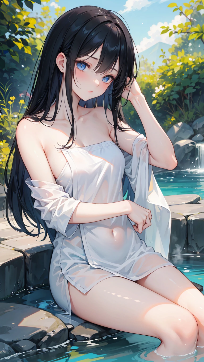 Amazing Chitanda, 只有一个beautiful girl，Purple Eyes, Black Hair, Naturally straight hair, Straight bangs，Extremely refined，open your lips，Face is so red，The skin is very white，big eyes，Long flowing hair，beautiful girl, Like a dream，Slim，Soft, (Sensual), (Kawaii), Dream quality，night，moonlight，Starlight，Bathing in the lake，There was a mist，soaking in water，Completely naked，No clothes，Exposing breasts，Half immerse yourself in water，Water flows through，No pants，Delicate clavicle，Delicate hands and feet，Bare neck，Bare thighs，Exposing the groin，Camel toe，Bare legs，barefoot，extremely shy，Ultra-high resolution, (masterpiece:1.2, best quality), (Delicate and beautiful eyes: 1.2), (Beautiful and delicate face)