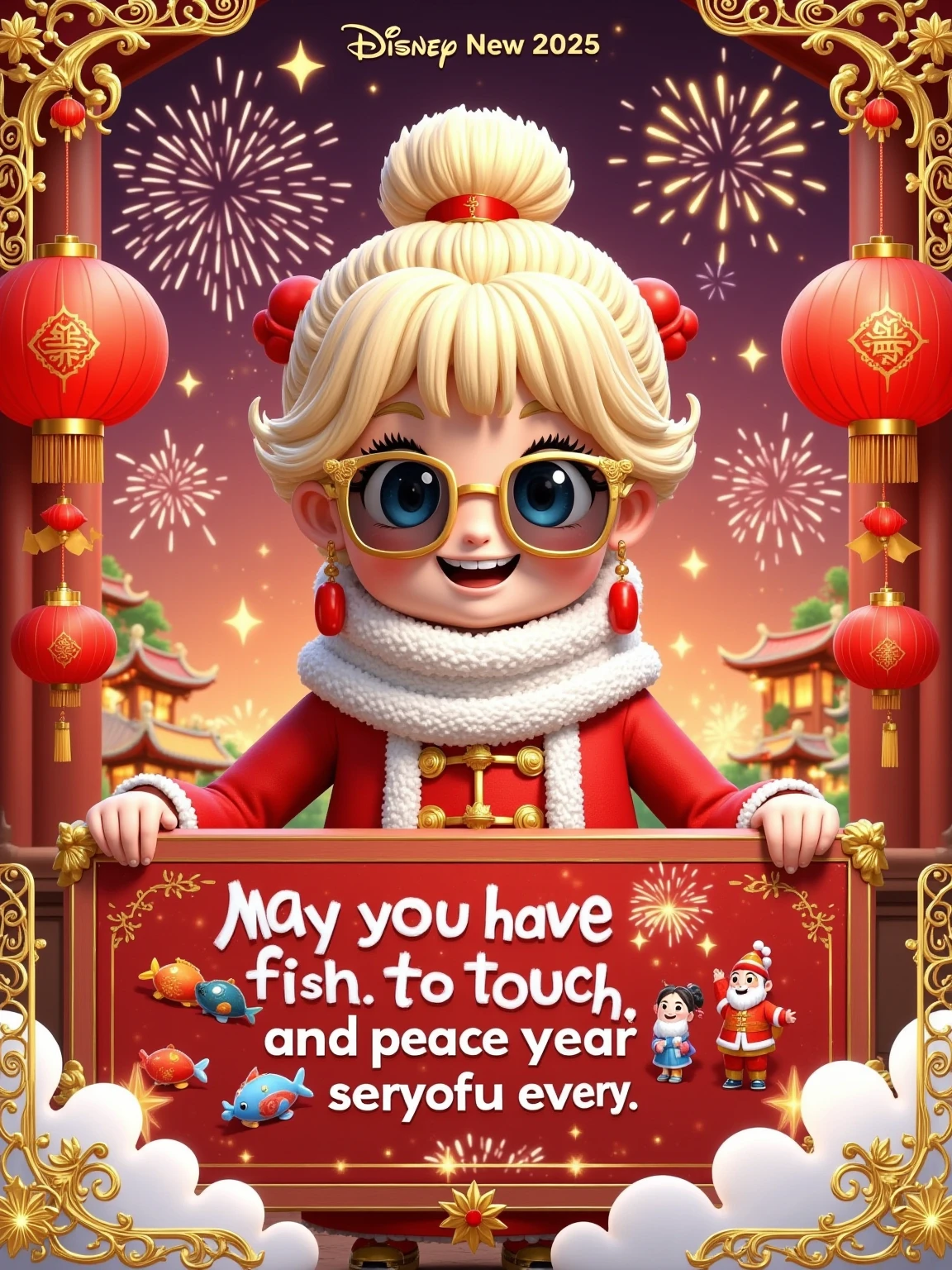 2025 New Year theme,red as the main color with golden accents,cartoon characters wearing festive New Year outfits,cheerful expressions,fireworks,red lanterns,Chinese knots,dynamic composition,tents replaced with red pavilions or New Year decorations,promotional text "Happy New Year 2025," "Everything goes well," strong holiday atmosphere