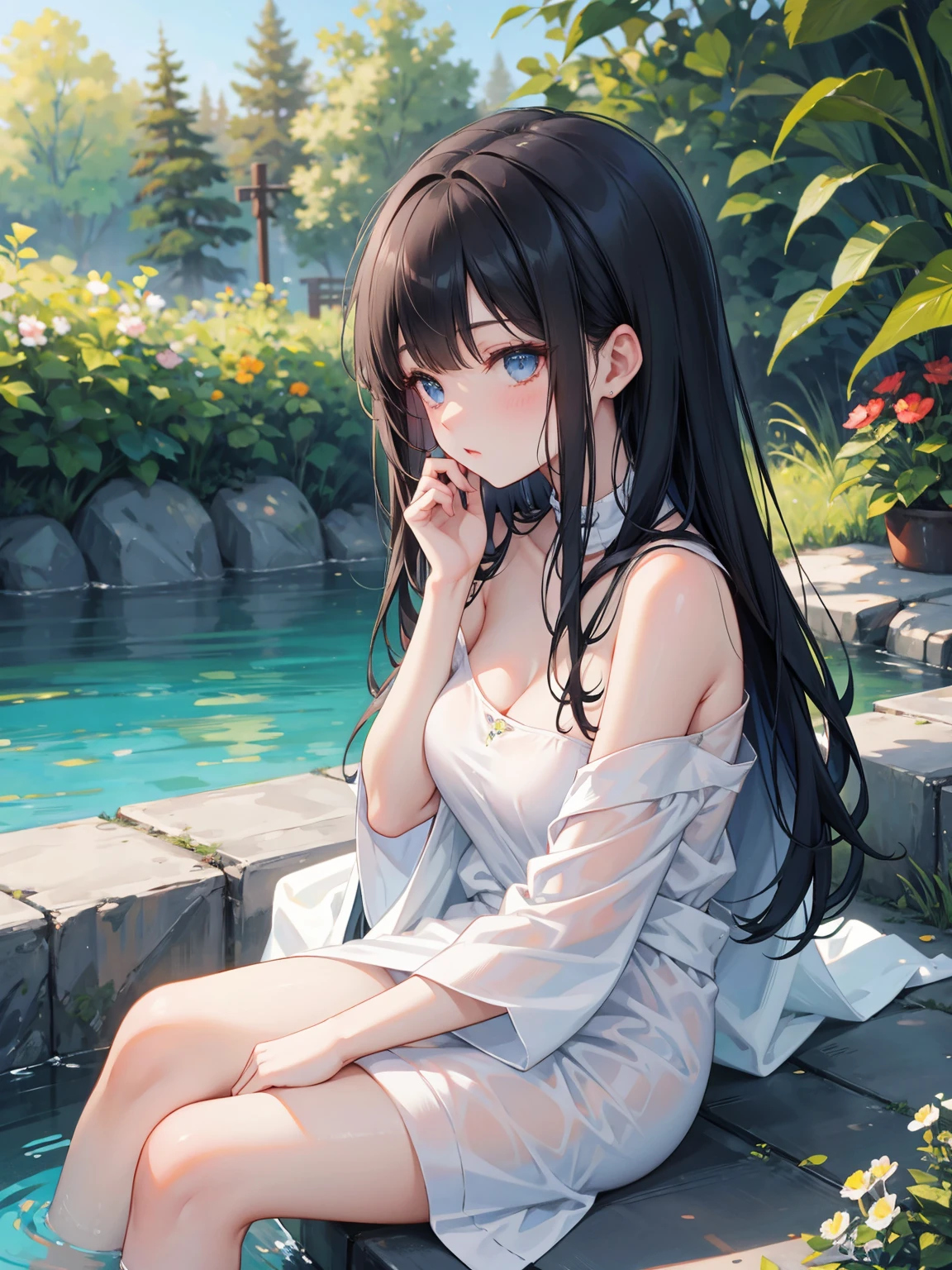 negative space, shuimobysim, Kizi, Woman,bared shoulders, (ecchi0.5), lips, water splash, (trees:0.5), (flowers:0.6) ,(birds:0.2), (bamboo0.1), lakes, Hangzhou, bonian, bonian in background   