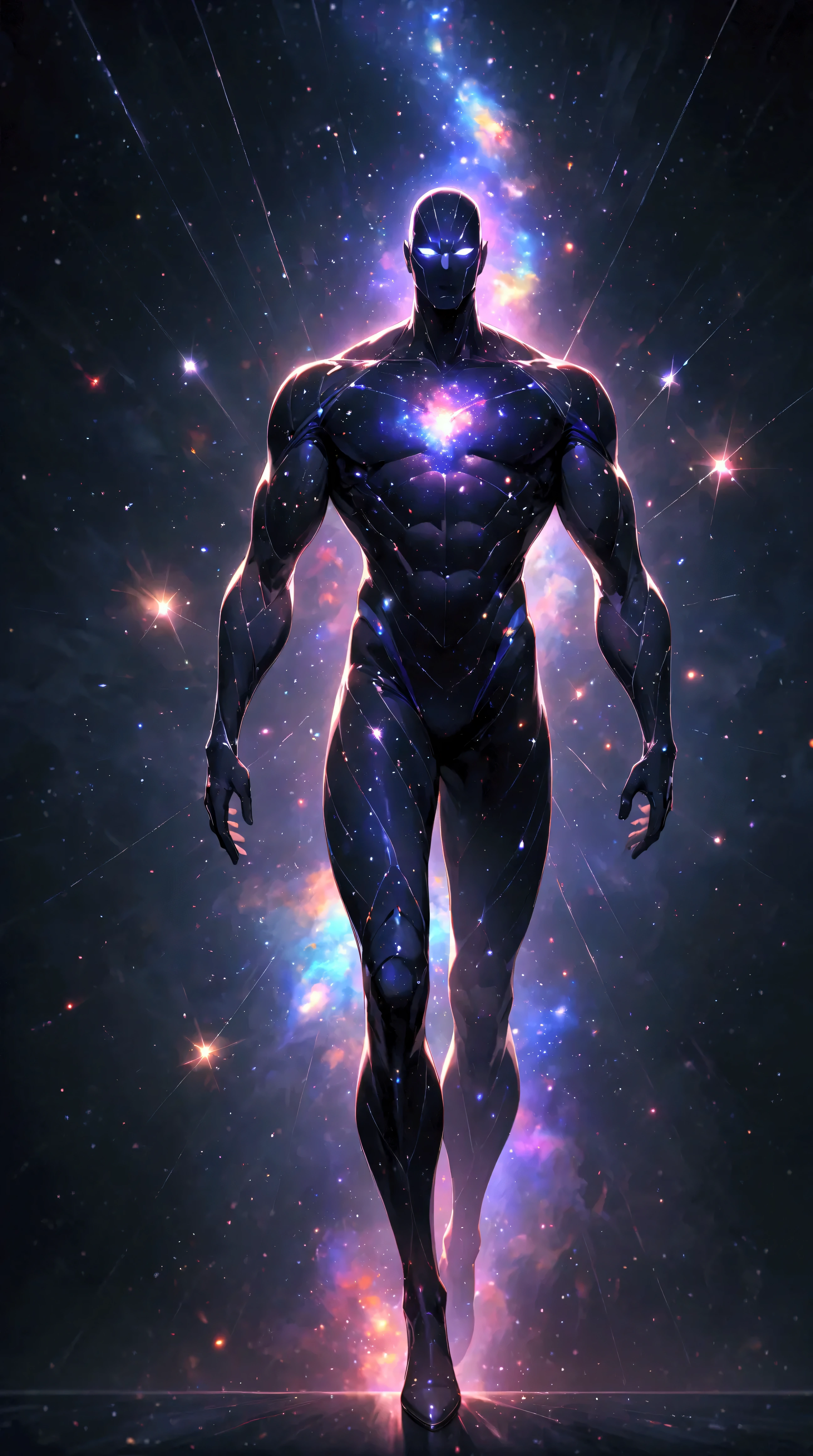 A cosmic man with several galaxies coursing through without a body 