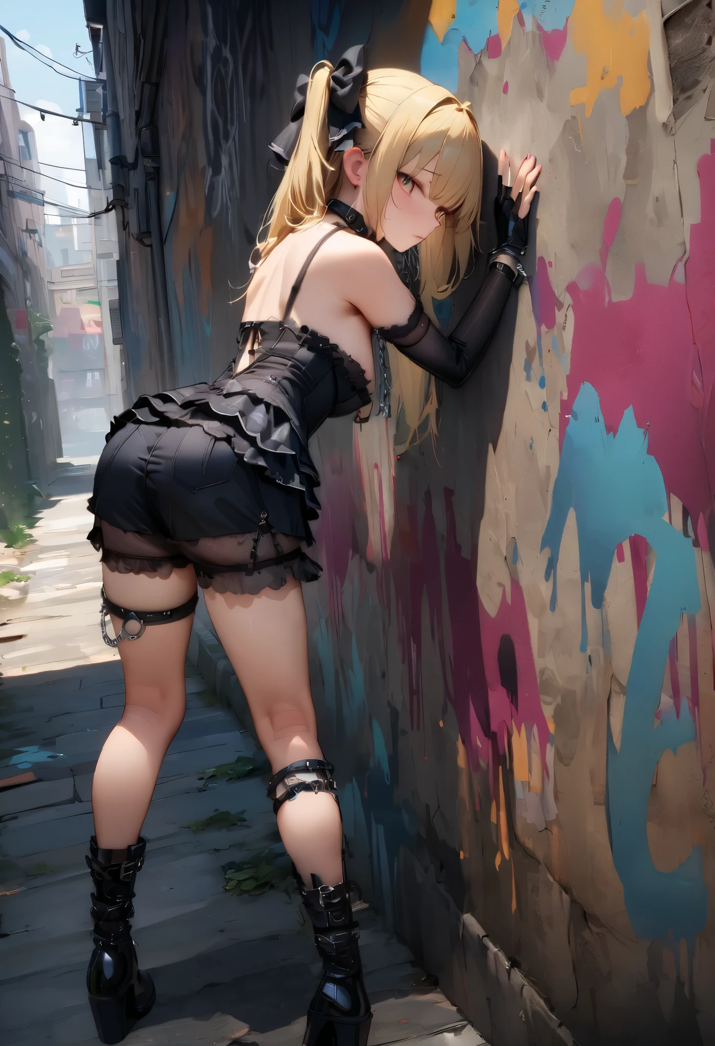 1girl, amane misa, death note, pink eyes,gothic lolita camisole dress,dress over cardigan,black knit cardigan,bare shoulder, leather leash,Black heart necklace, skull earrings,fishnet tights,standing,skirt lifting,black thong,looking back,katyusha,neon light,small bedroom, prostitute,masterpiece, best quality, absurdres,angle from below