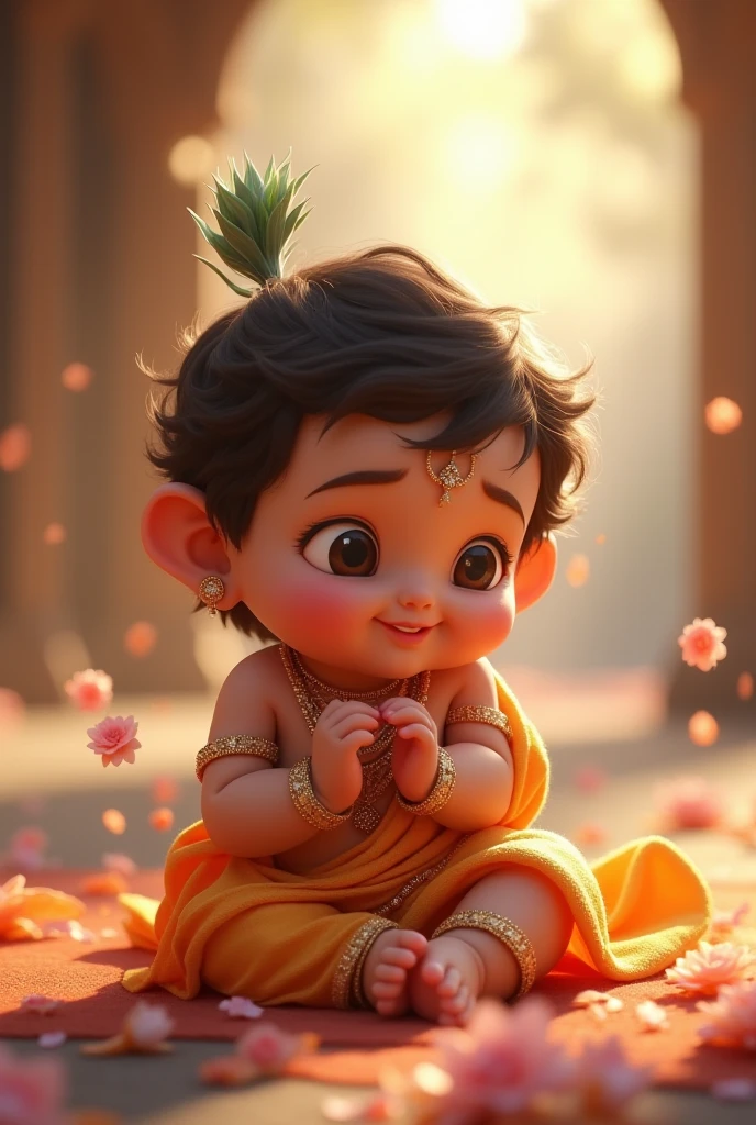 an animated image of cute baby Kanha Ji sitting sadly on the floor.