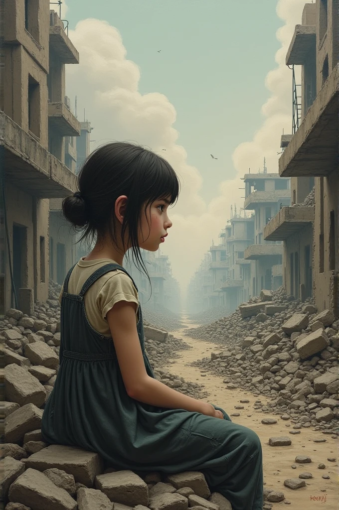 (Top view), ((highly detailed)), 4K, mega pixels, ultrasmooth rendering, vivid colors, war-torn landscape, Young girl, Age 13, Surrounded by ruins, Profound sadness, Tears in large eyes, Long brown hair, Fragments of hope, Humanity's resilience, Innocence amidst destruction, Beauty in adversity, Determination, Inner strength, Statement: "Amidst the despair of a war-ravaged world, the young girl's face beams the unfading beauty of hope. Her large, sad eyes, brimming with tears, mirror the anguish of the tragedy that has
