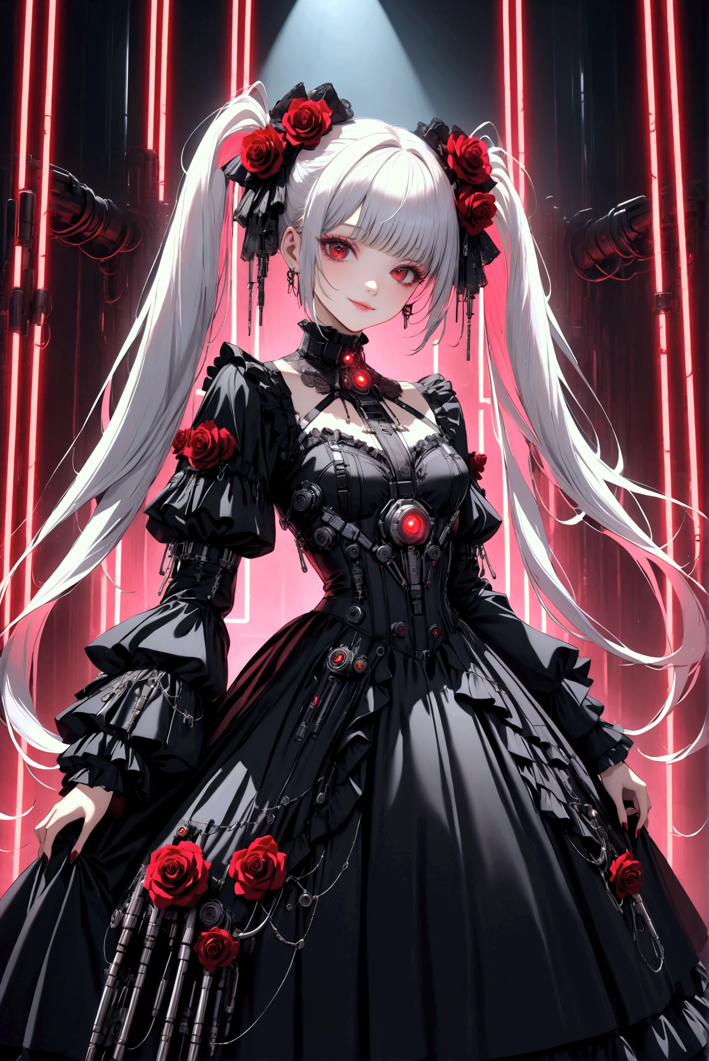  Beautiful girl with long red twin tails ,  red eyes, wearing a gorgeous black and white  gothic lolita  dress in a  cyberpunk style, with many visible mechanisms and Red Neon lights shining from the clothes, against a pure white background with many Black Rose,  enchantmentなポーズで,  One Girl ,  robot style black and white barrette , ( top quality,4K,8k, high definition,Masterpiece:1.2), ultra detail , cyberpunk, gothic lolita , intricate details, gorgeous ,Dramatic lighting, details,mechanical,Red Neon,Black Rose, high fashion , elegant , enchantment,captivating, smiles, 