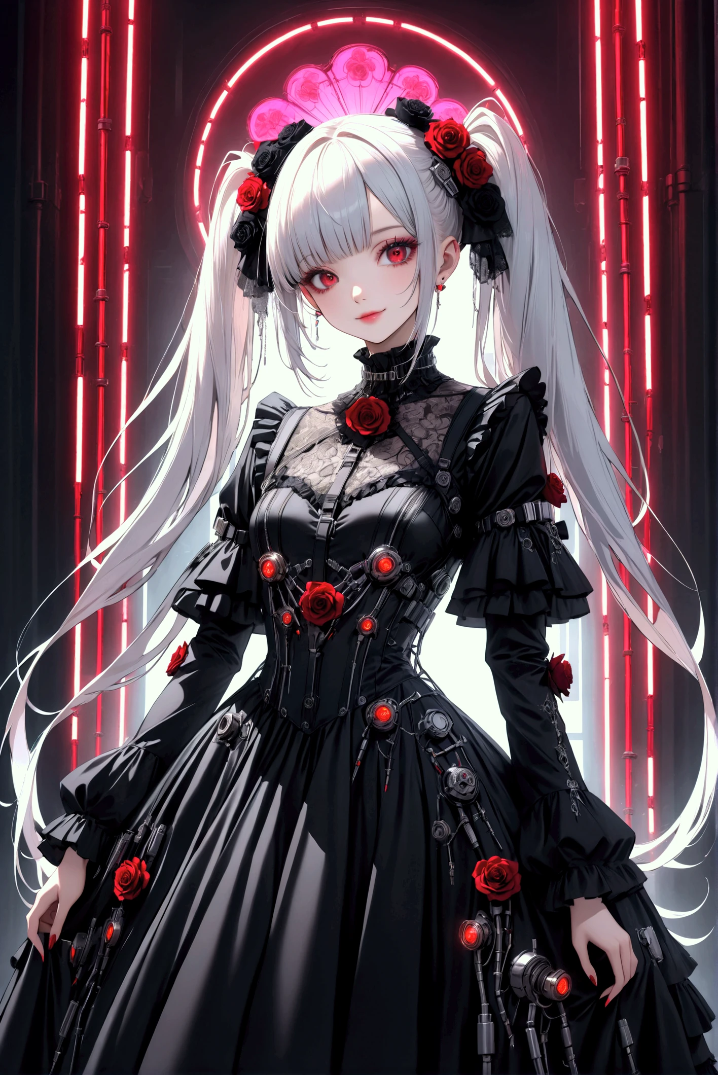  Beautiful girl with long red twin tails ,  red eyes, wearing a gorgeous black and white  gothic lolita  dress in a  cyberpunk style, with many visible mechanisms and Red Neon lights shining from the clothes, against a pure white background with many Black Rose,  enchantmentなポーズで,  One Girl ,  robot style black and white barrette , ( top quality,4K,8k, high definition,Masterpiece:1.2), ultra detail , cyberpunk, gothic lolita , intricate details, gorgeous ,Dramatic lighting, details,mechanical,Red Neon,Black Rose, high fashion , elegant , enchantment,captivating, smiles, 